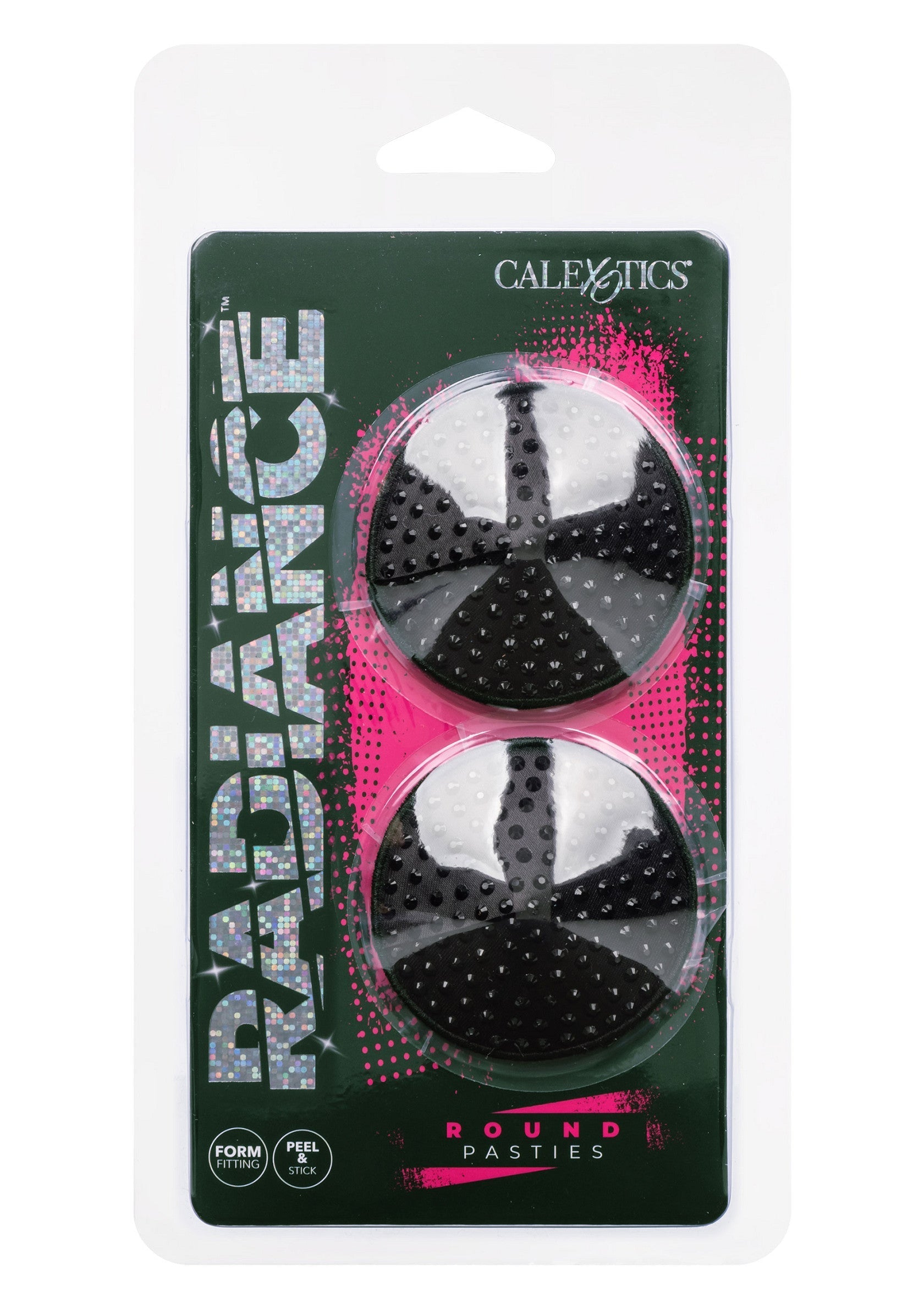 Cache-tétons ronds CalExotics Radiance pour une tenue discrète et élégante. Adhésifs et réutilisables.; CalExotics Radiance ronde tepelbedekkers voor een discrete en elegante look. Zelfklevend en herbruikbaar.; CalExotics Radiance round pasties for a discreet & elegant look. Self-adhesive and reusable nipple covers.