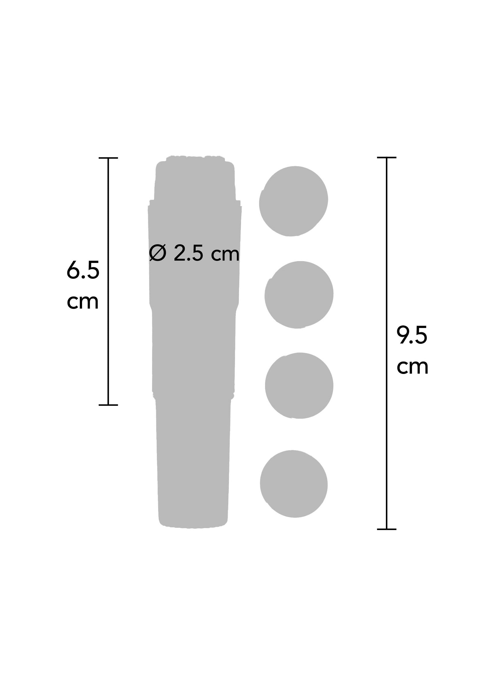 Schéma technique d'un petit accessoire cylindrique de 2,5 cm de diamètre et 6,5 cm de haut, avec des disques de 9,5cm de haut.; Technische tekening van een kleine cilindrische accessoire van 2,5 cm diameter en 6,5 cm hoog, met schijven van 9,5 cm hoog.; Technical drawing of a small cylindrical accessory 2.5 cm in diameter and 6.5 cm high, with disks of 9.5cm high.
