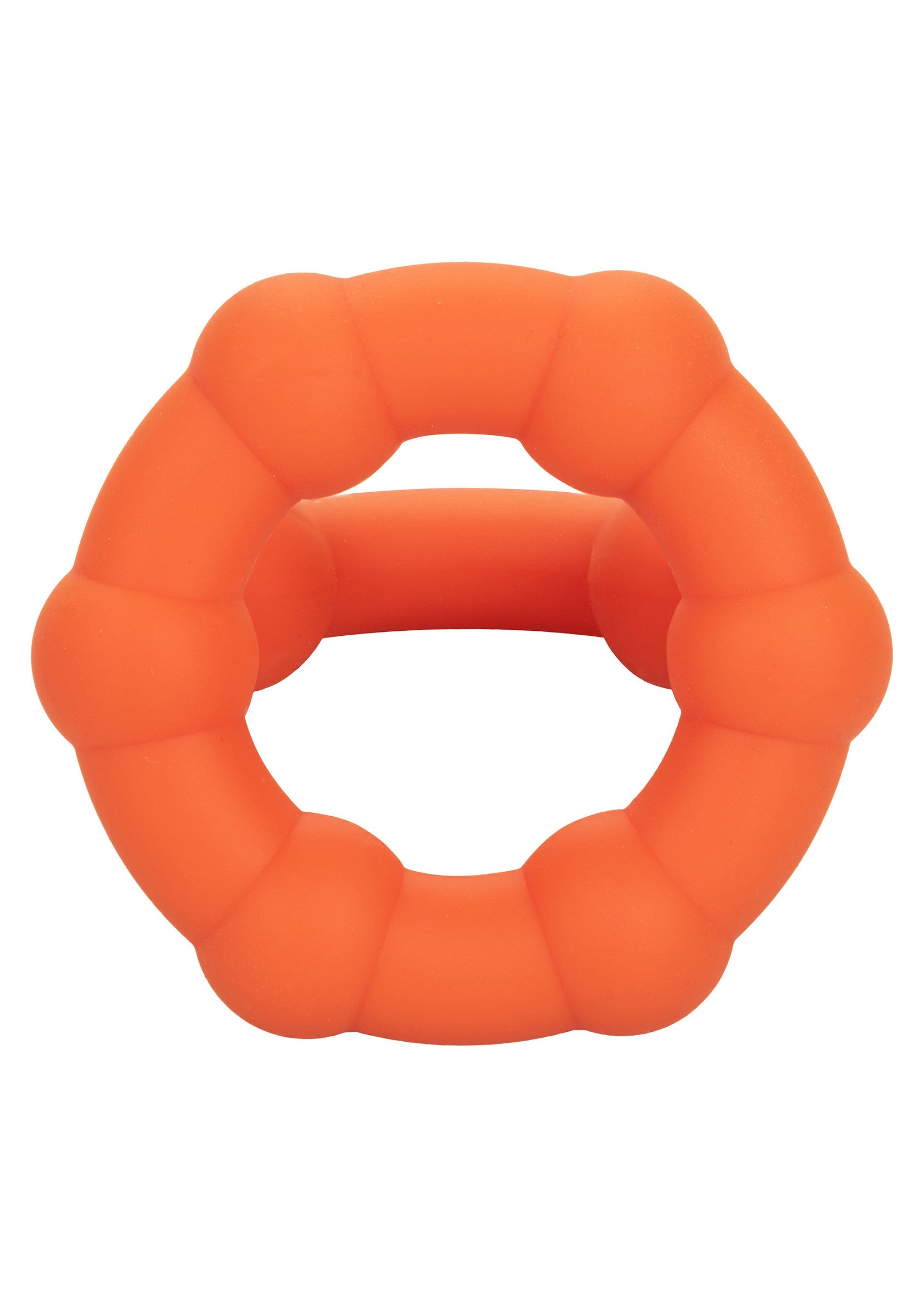 Anneau vibrant texturé orange pour le plaisir et la stimulation.; Oranje vibrerende ring met textuur voor genot en stimulatie.; Orange textured vibrating ring for pleasure and stimulation.