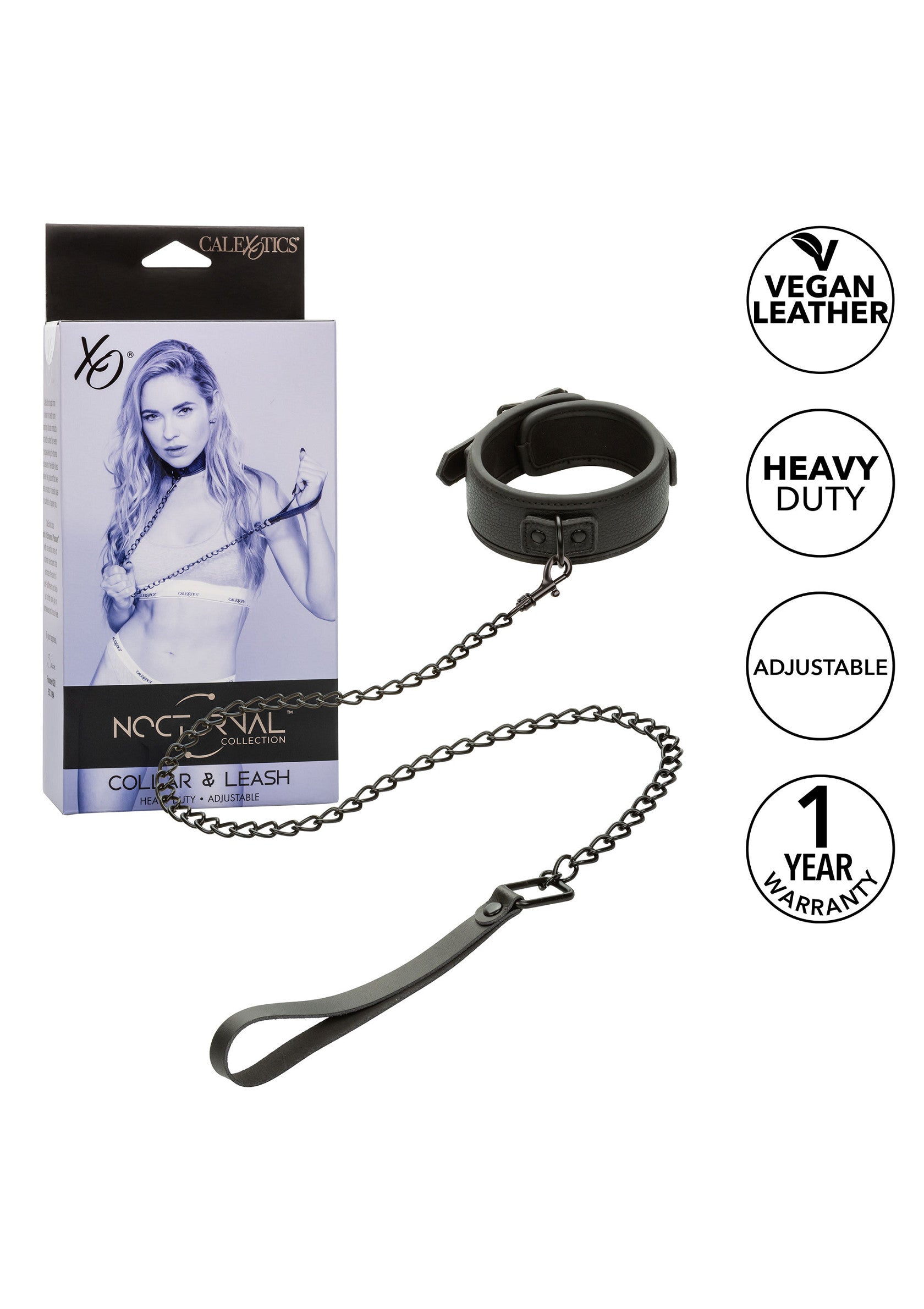 Collier et laisse Calexotics Nocturnal Collection. Cuir vegan. Ajustable. Garantie 1 an. Jeu de rôle, soumission.; Calexotics Nocturnal Collection halsband en riem. Veganistisch leer. Verstelbaar. 1 jaar garantie. Rollenspel, onderwerping.; Calexotics Nocturnal Collection collar & leash. Vegan leather. Adjustable. 1-year warranty. Role play, submission.