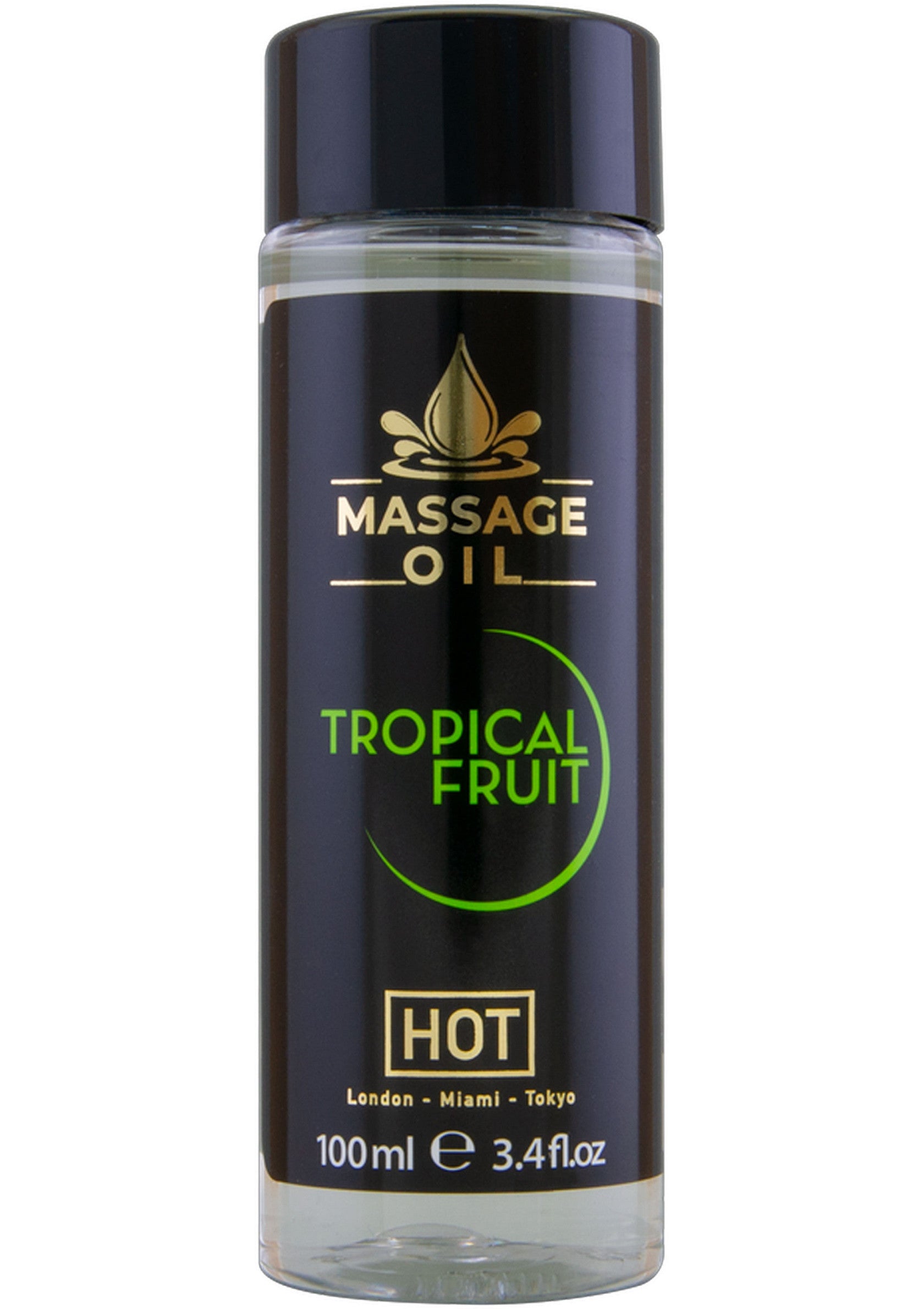 Huile de massage chauffante aux fruits tropicaux. Relaxez-vous avec ce parfum exotique et une sensation de chaleur agréable. 100 ml.; Verwarmende massageolie met tropisch fruit. Ontspan met deze exotische geur en een aangenaam warm gevoel. 100 ml.; Hot massage oil with tropical fruit. Relax with this exotic scent and a pleasantly warm feeling. 100 ml
