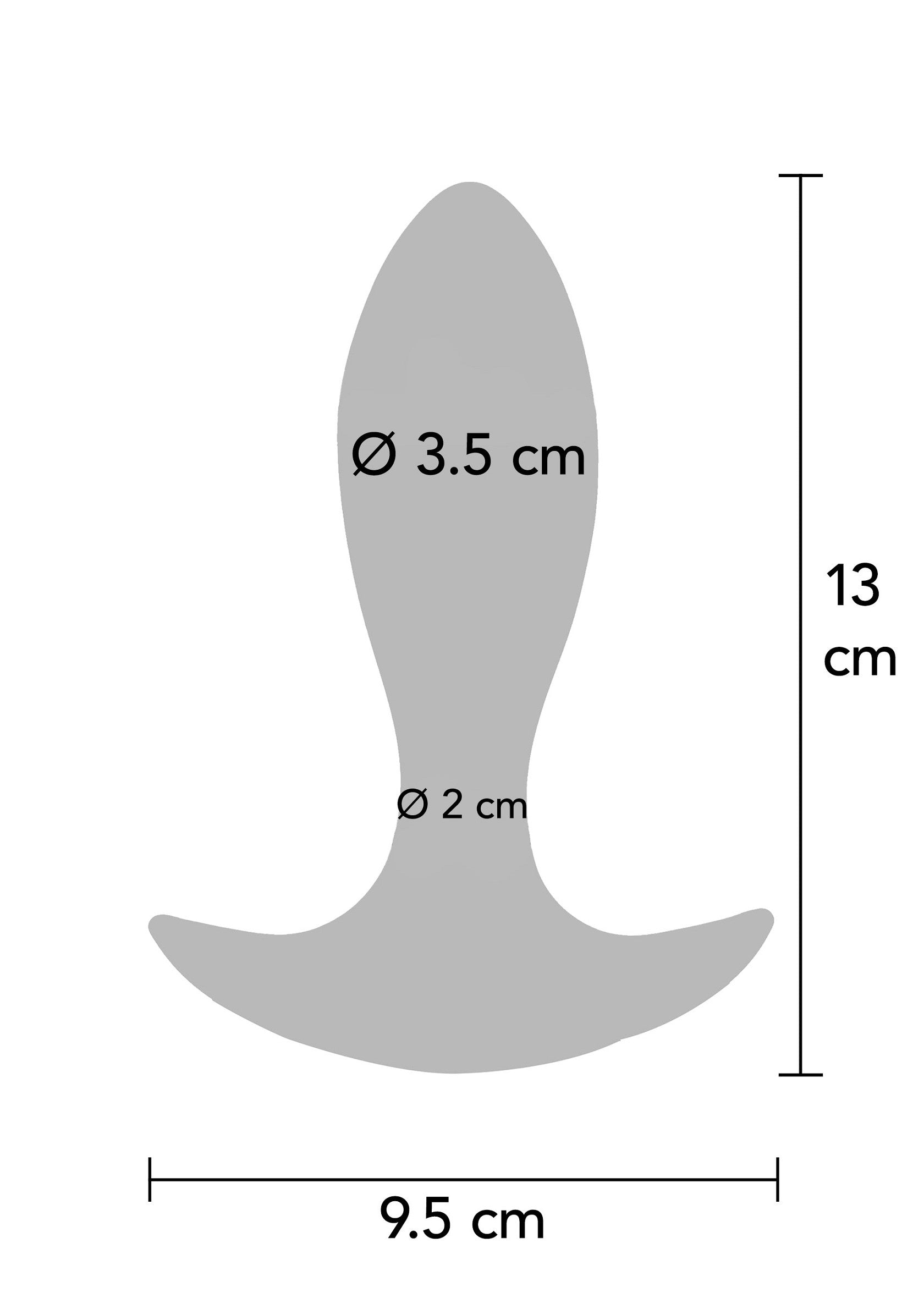 Diagramme des dimensions d'un plug anal : 13 cm de long, 9,5 cm de large, diamètre de 3,5 cm en haut et de 2 cm en bas.; Afmetingen diagram van een anale plug: 13 cm lang, 9,5 cm breed, 3,5 cm diameter bovenaan en 2 cm diameter onderaan.; Dimensions diagram of an anal plug: 13 cm long, 9.5 cm wide, 3.5 cm diameter at the top and 2 cm diameter at the bottom.