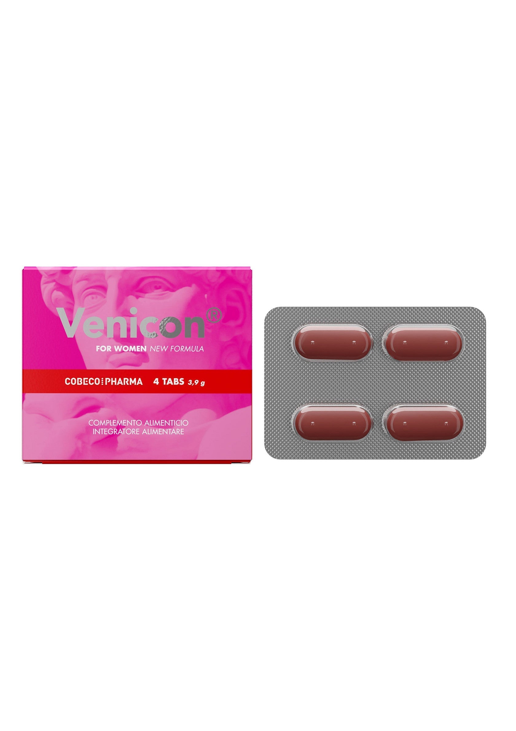 Venicon pour femmes, nouvelle formule. Complément alimentaire, intégrateur alimentaire. Boîte de 4 comprimés.; Venicon voor vrouwen, nieuwe formule. Voedingssupplement, voedingsintegrator. Doos met 4 tabletten.; Venicon for women, new formula. Food supplement, food integrator. Box of 4 tablets.
