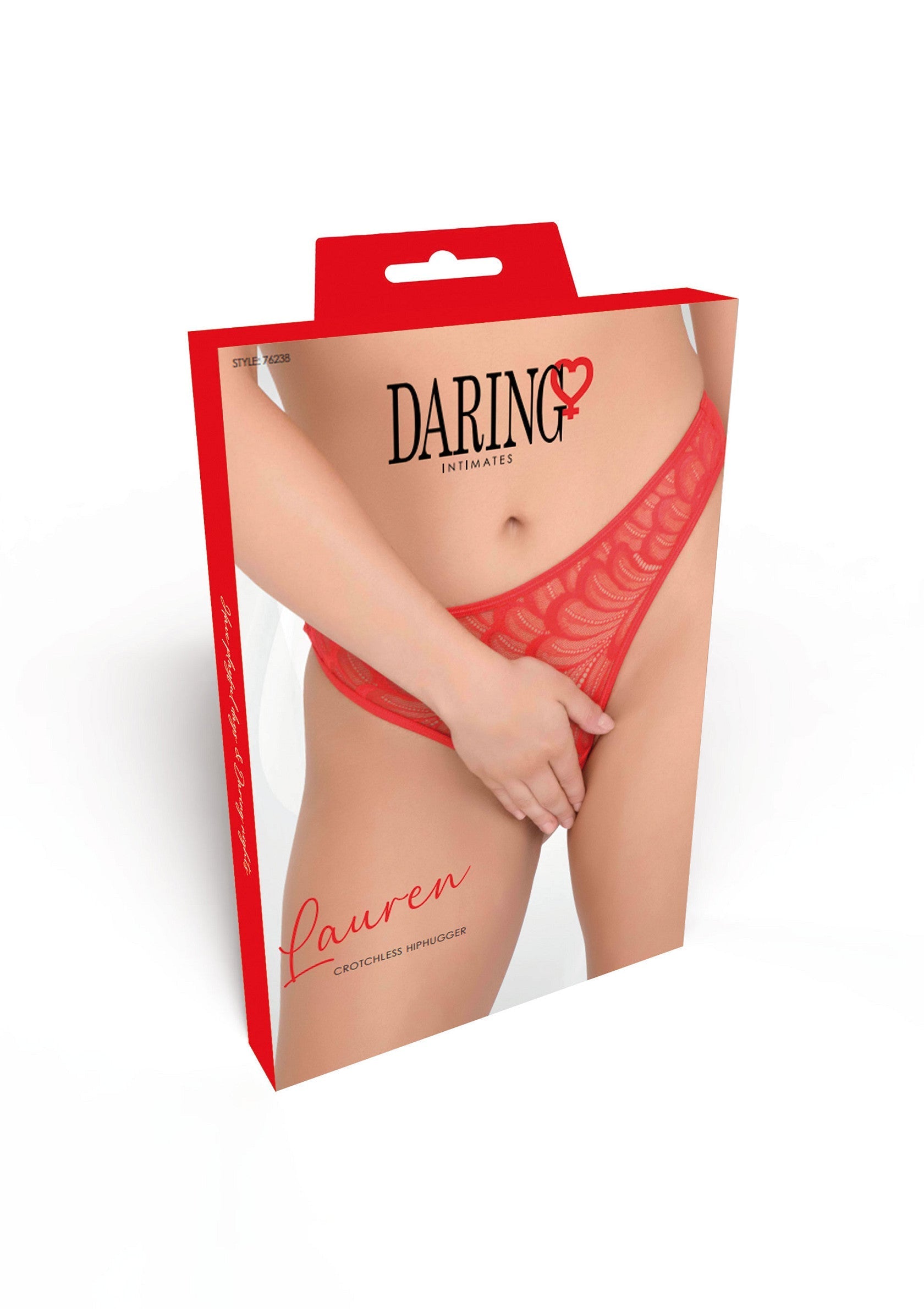 Emballage de sous-vêtements intimes rouges Daring Lauren pour femmes. Dentelle fine et coupe flatteuse. Glamour et séduisant.; Verpakking van Daring Lauren rode dameslingerie. Fijn kant en flatterende snit. Glamoureus en verleidelijk.; Packaging of Daring Lauren red women's intimate apparel. Fine lace and flattering cut. Glamorous and seductive.