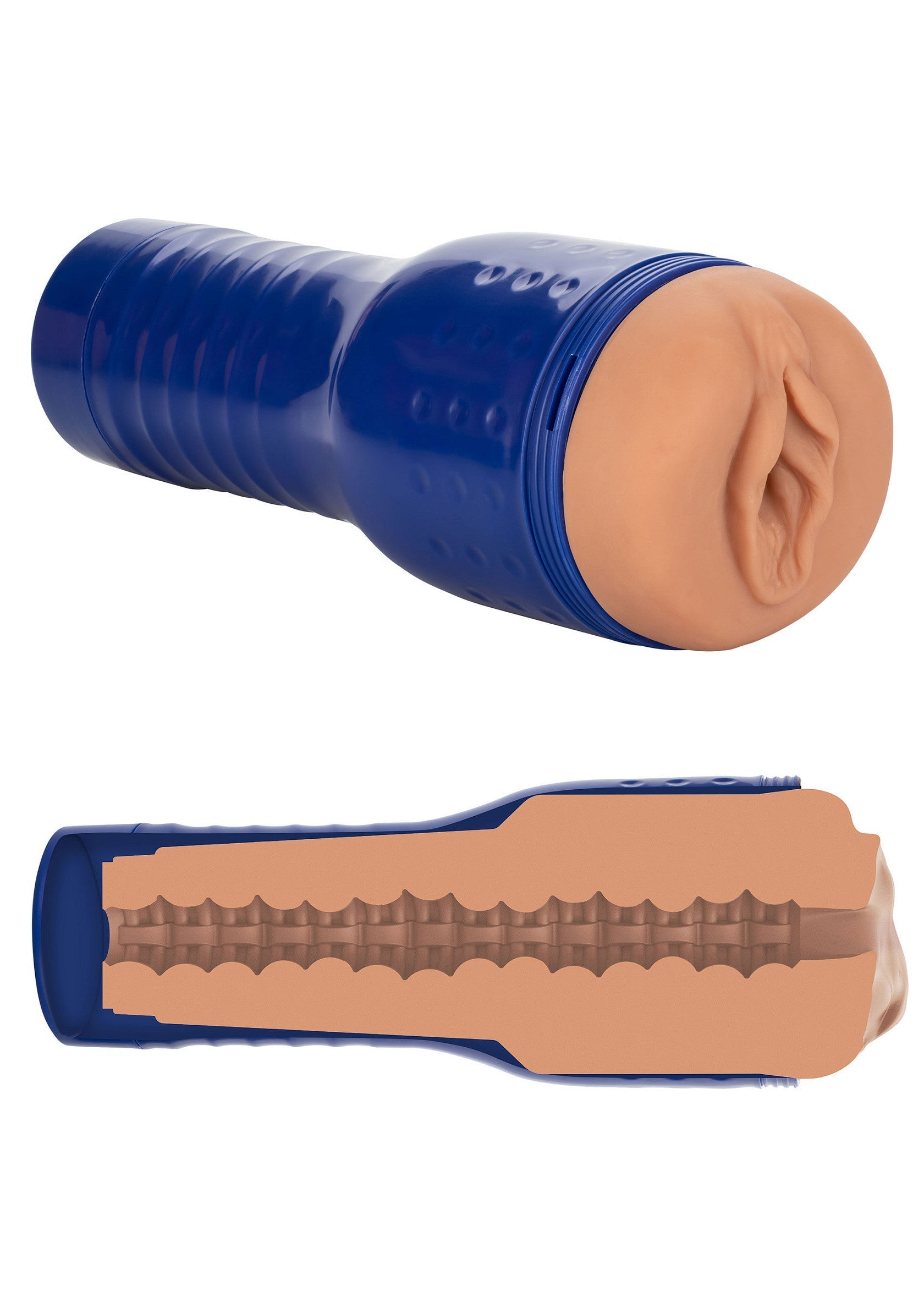 Manchon de plaisir texturé en bleu pour une expérience intense et réaliste.; Getextureerde blauwe masturbator voor een intense, realistische ervaring.; Textured pleasure sleeve in blue for an intense, realistic experience.