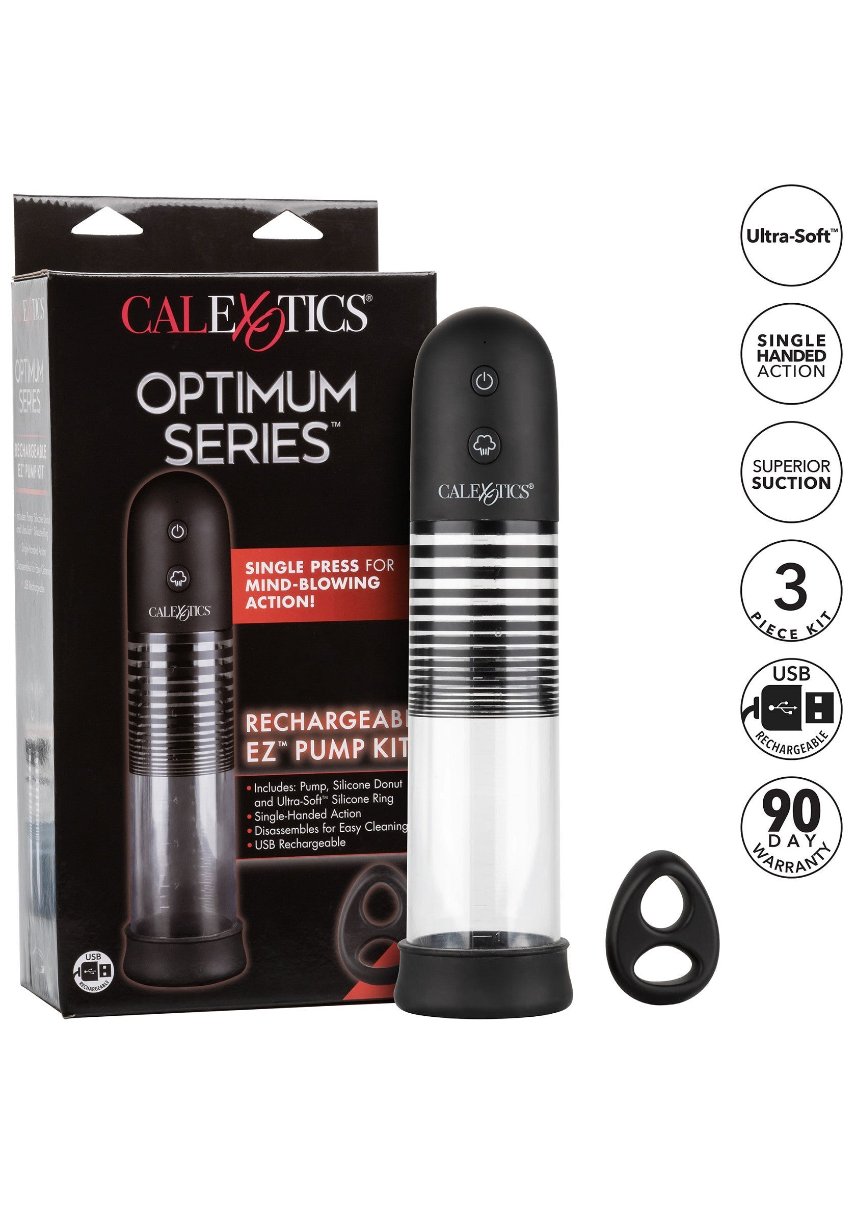 CalExotics Optimum Series EZ Pump Kit rechargeable pour le plaisir masculin. Ultra doux et facile à utiliser. Garantie de 90 jours.; CalExotics Optimum Series EZ Pump Kit, oplaadbaar voor mannelijk genot. Ultrazacht en makkelijk te gebruiken. 90 dagen garantie.; CalExotics Optimum Series EZ Pump Kit, rechargeable for male pleasure. Ultra-soft & easy to use. 90-day warranty.
