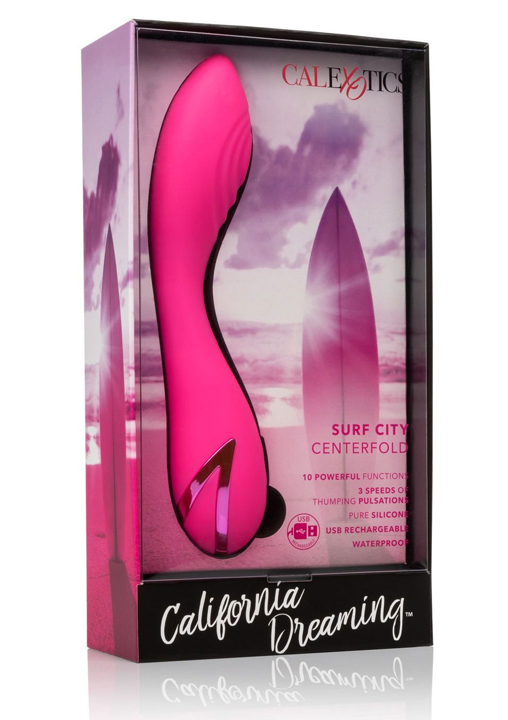 Vibromasseur CalExotics Surf City Centerfold. 10 fonctions puissantes, 3 vitesses, rechargeable USB, étanche.; CalExotics Surf City Centerfold vibrator. 10 krachtige functies, 3 snelheden, USB oplaadbaar, waterdicht.; CalExotics Surf City Centerfold vibrator. 10 powerful functions, 3 speeds, USB rechargeable, waterproof.