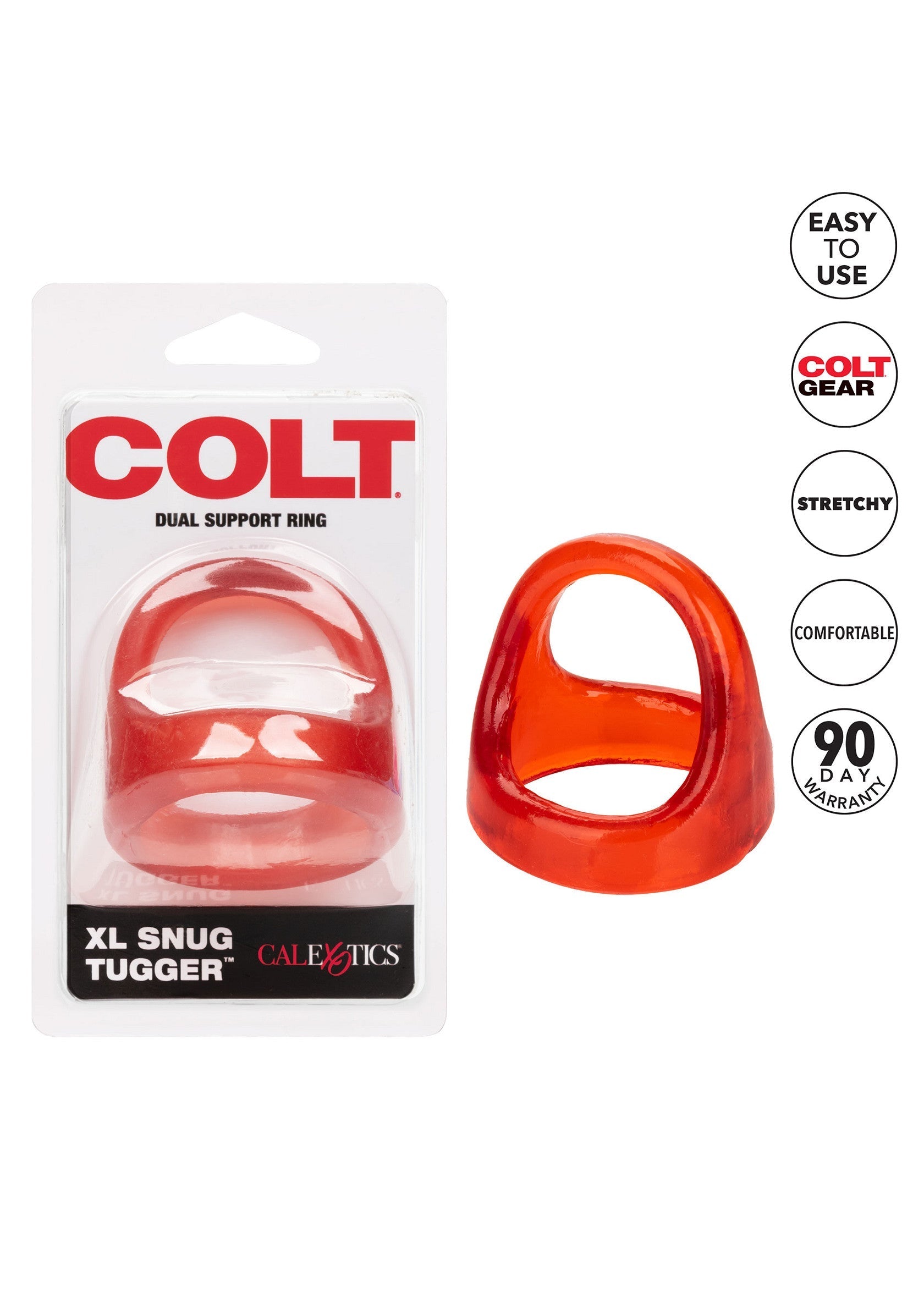 Anneau pénien Colt XL Snug Tugger rouge. Soutien double, confortable et extensible. Pour une performance améliorée et plus de plaisir.; Colt XL Snug Tugger penisring in rood. Dubbele ondersteuning, comfortabel en rekbaar. Voor verbeterde prestaties en meer plezier.; Colt XL Snug Tugger cock ring in red. Dual support, comfortable and stretchy. For enhanced performance and more pleasure.