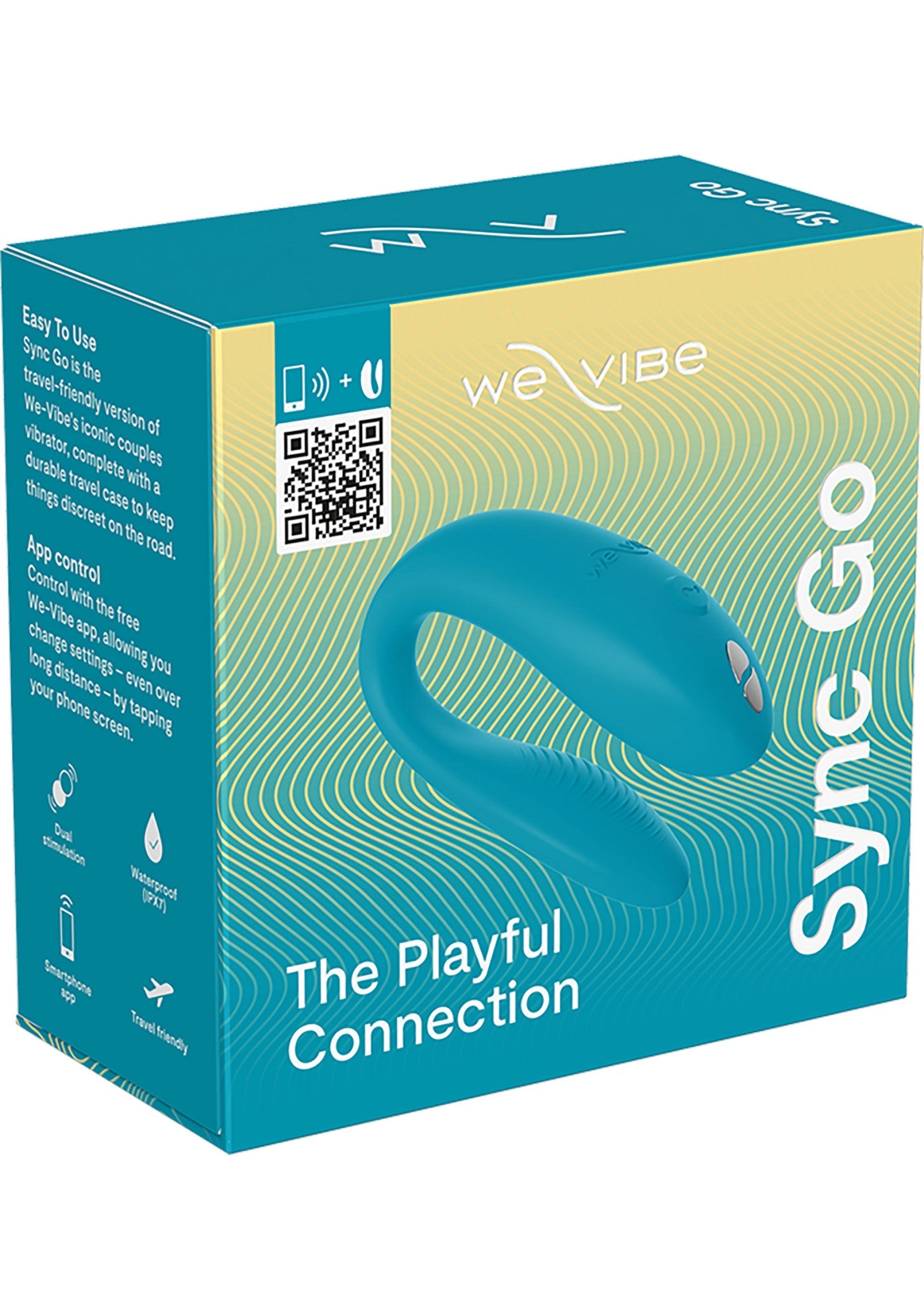 We-Vibe Sync Go, vibromasseur connecté et discret pour le plaisir en couple. Contrôle via l'appli, idéal en voyage. "The Playful Connection".; We-Vibe Sync Go, een verbonden en discrete vibrator voor plezier voor koppels. Bediening via app, ideaal voor op reis. "The Playful Connection".; We-Vibe Sync Go, connected & discreet vibrator for couple's pleasure. App control, travel-friendly. "The Playful Connection".