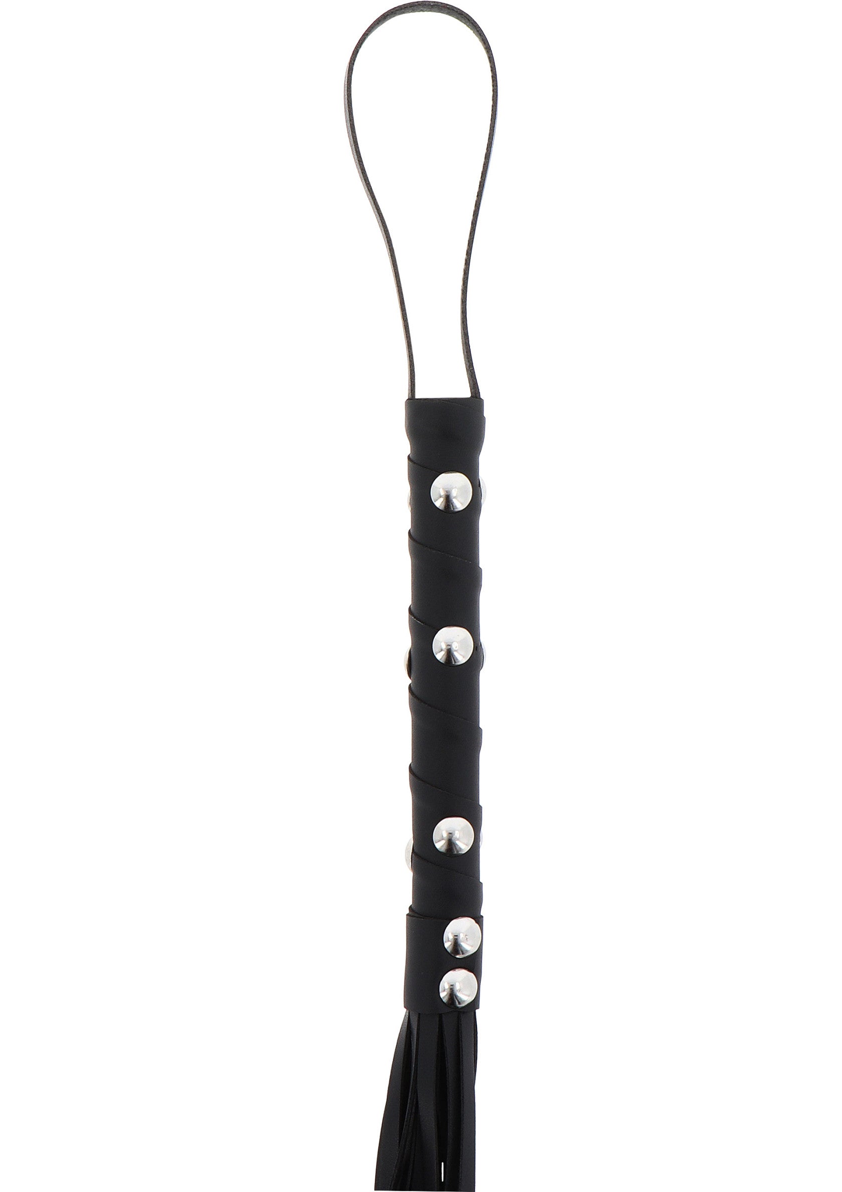 Cravache noire en cuir avec des clous argentés, idéale pour les jeux de rôle.; Zwarte leren zweep met zilveren studs, ideaal voor rollenspellen.; Black leather flogger with silver studs, ideal for role-playing games.