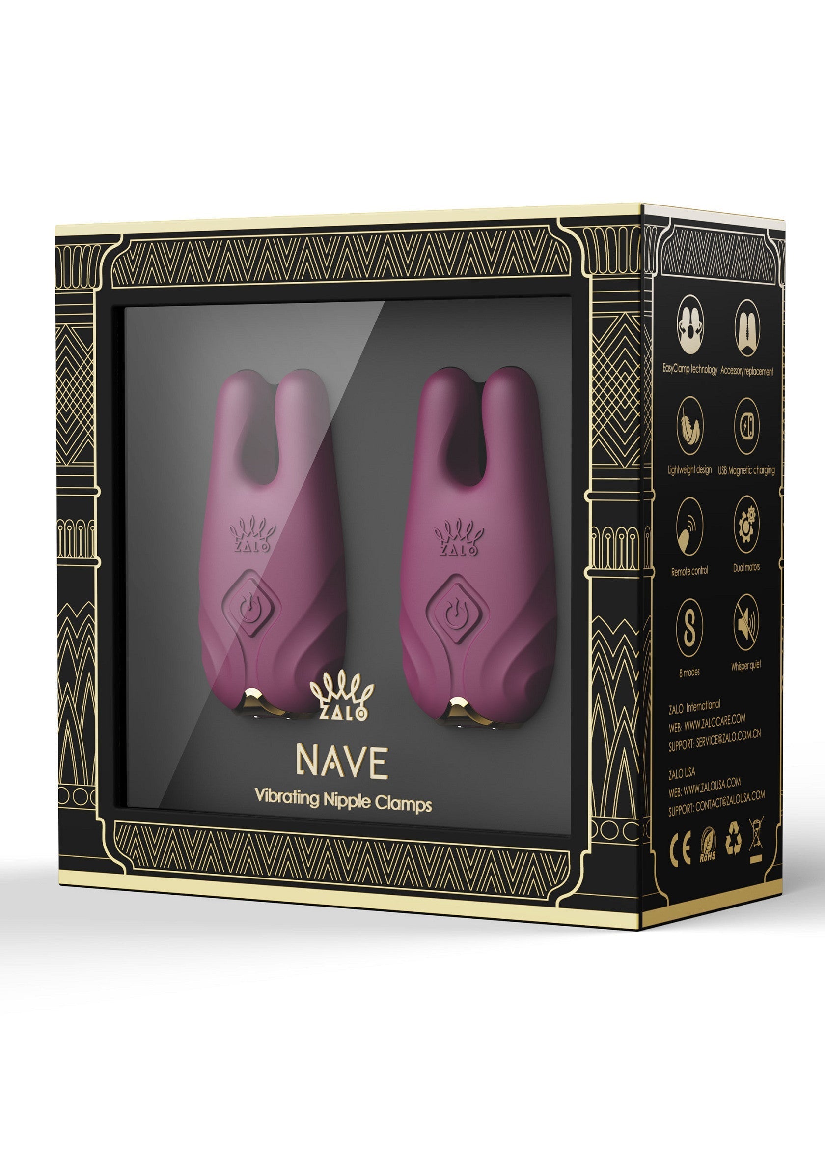 ZALO Nave, pinces à tétons vibrantes pour une expérience sensorielle intense. Livré dans un emballage élégant.; ZALO Nave, vibrerende tepelklemmen voor een intense zintuiglijke ervaring. Geleverd in een elegante verpakking.; ZALO Nave, vibrating nipple clamps for an intense sensory experience. Delivered in a stylish package.