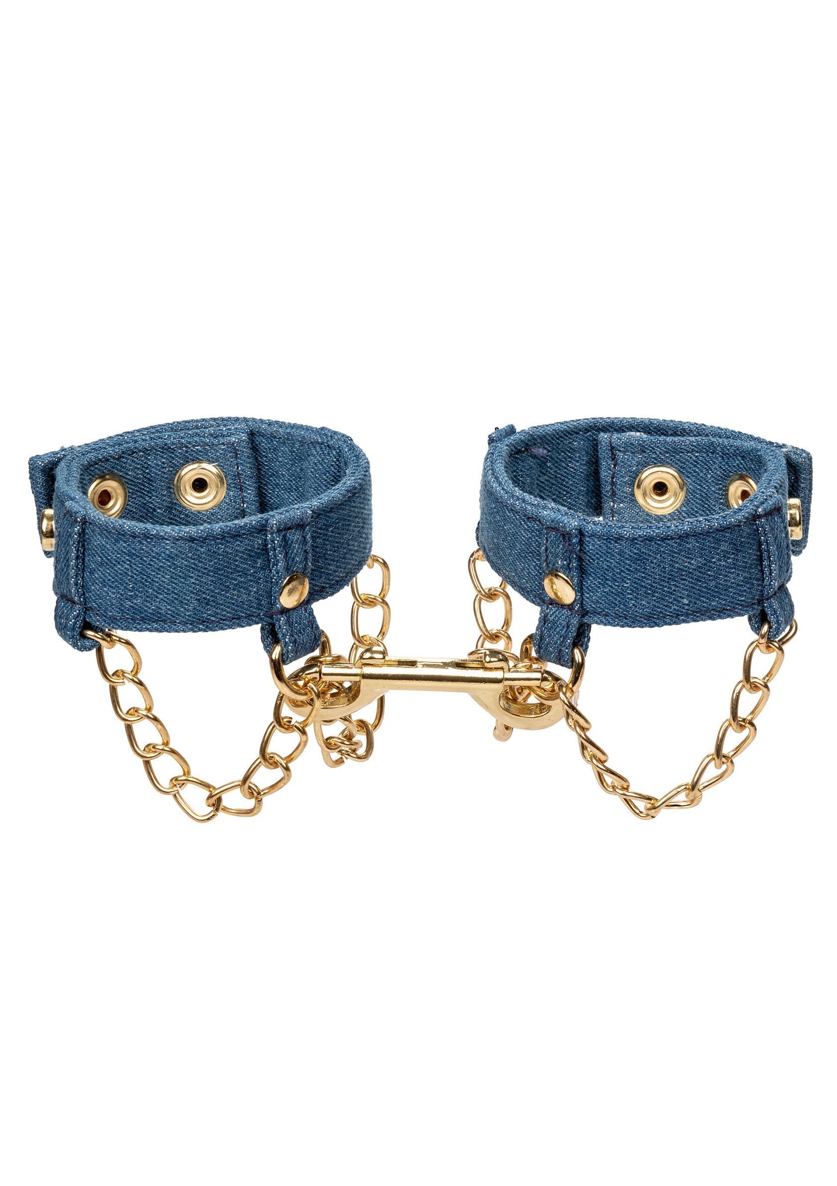 Menottes en denim avec chaîne dorée pour un style unique et audacieux.; Denim handboeien met gouden ketting voor een unieke en gewaagde stijl.; Denim handcuffs with gold chain detailing for a unique and daring style.