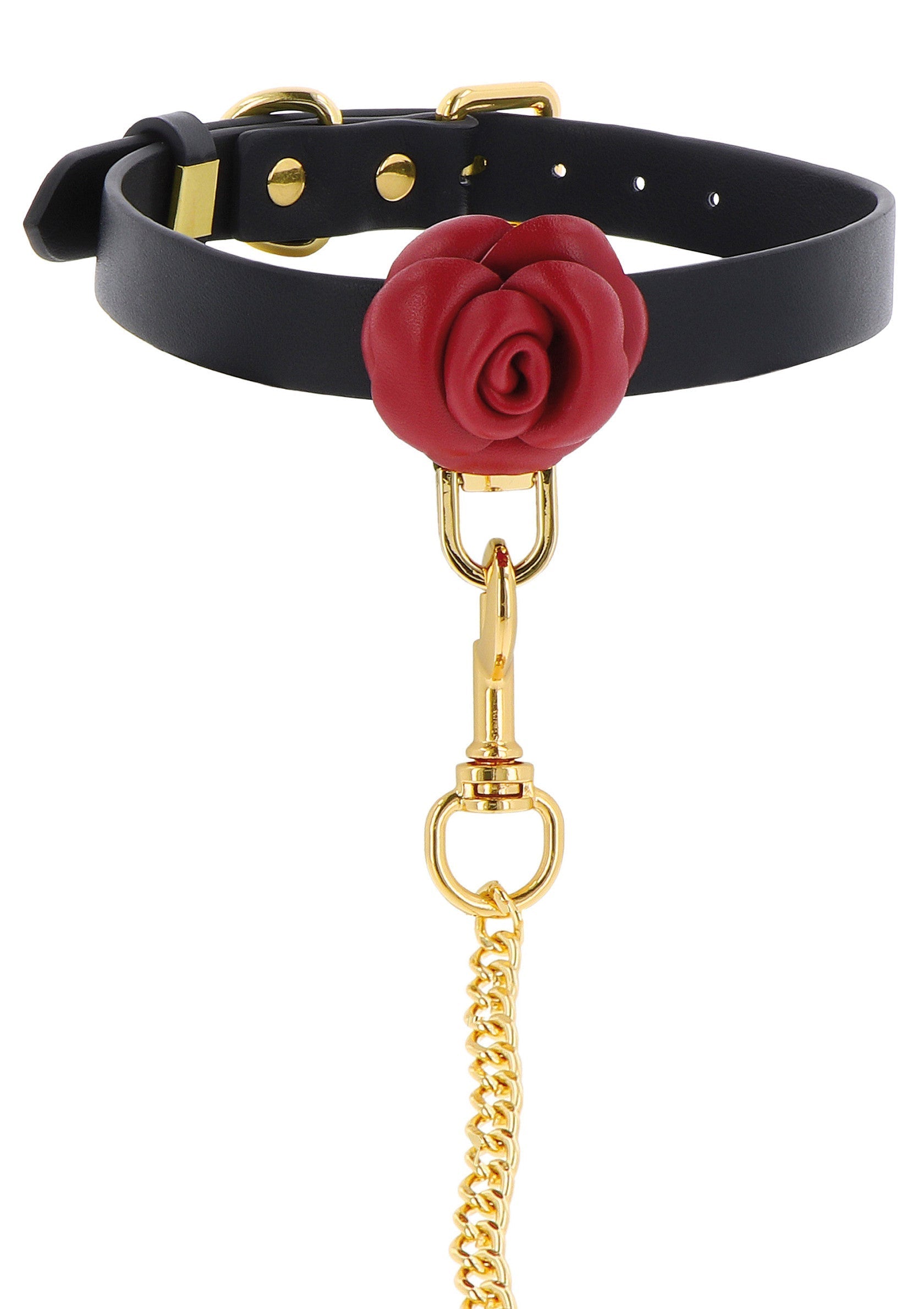 Collier ras du cou noir avec une rose rouge et une chaîne dorée pour un look élégant et audacieux.; Zwarte choker met rode roos en gouden ketting voor een elegante en gedurfde look.; Black choker with a red rose and gold chain for a stylish and edgy look.