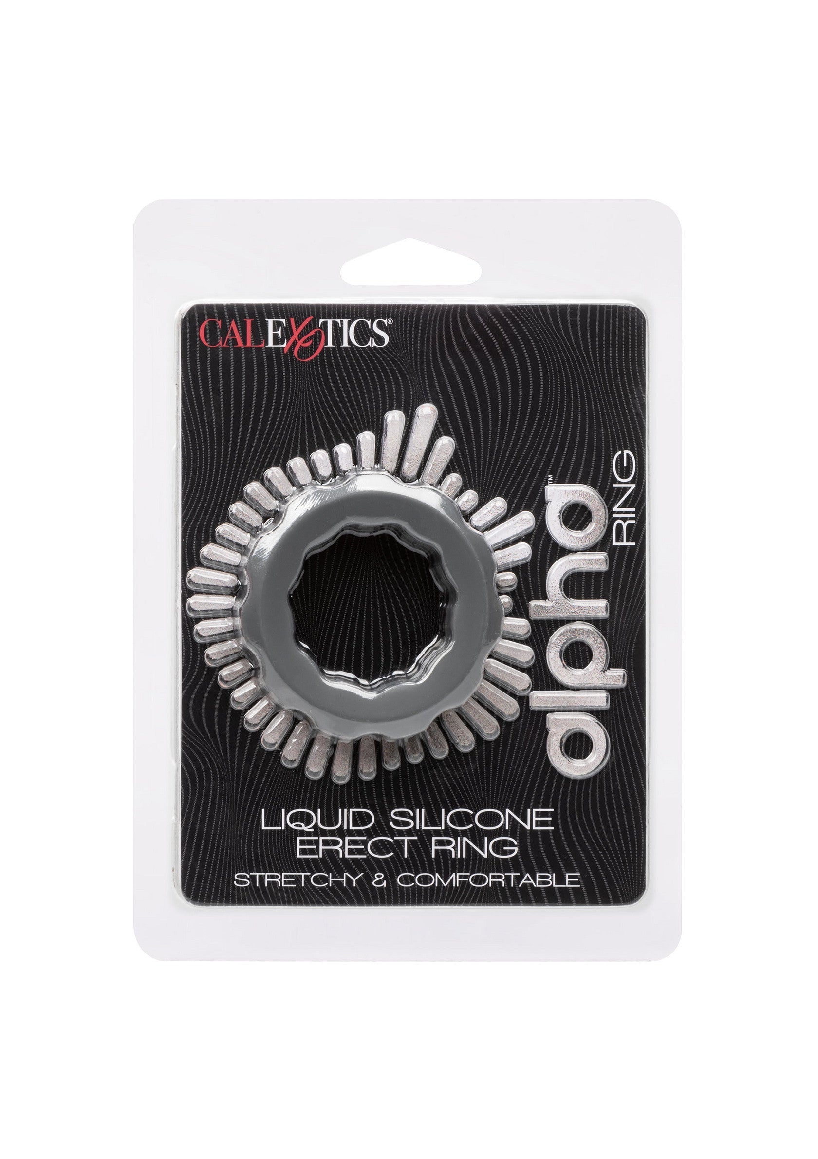 Anneau pénien Alpha en silicone liquide CalExotics pour une érection plus dure et durable. Souple et confortable.; CalExotics Alpha erectiering van vloeibare siliconen voor een hardere, langdurige erectie. Rekbaar en comfortabel.; CalExotics Alpha Liquid Silicone Erect Ring for a harder, longer-lasting erection. Stretchy & Comfortable.