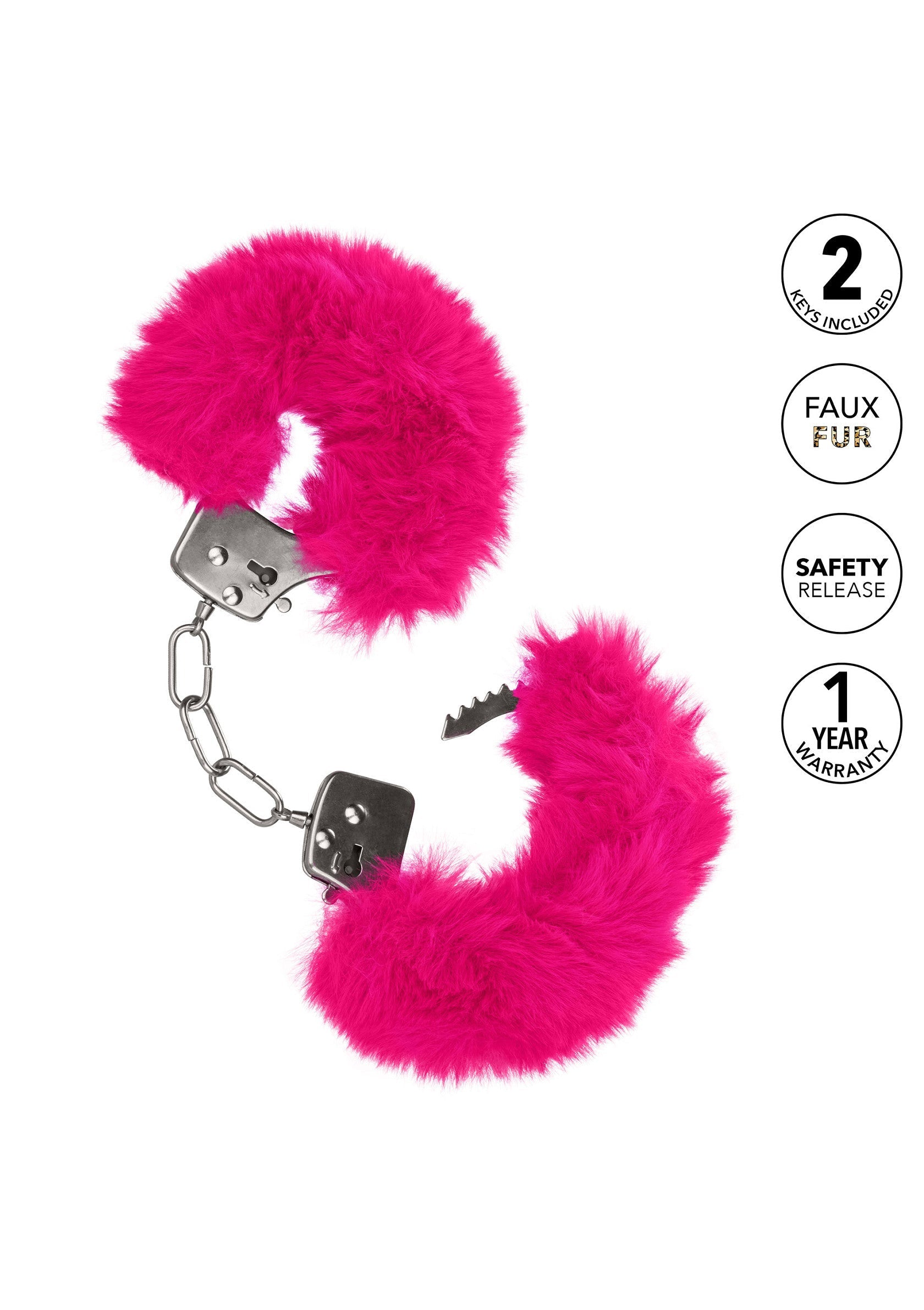 Menottes roses en fausse fourrure avec clés. Douces et coquines, parfaites pour s'amuser en couple.; Roze, harige handboeien met sleutels. Zacht en ondeugend, perfect voor plezier in bed.; Pink, furry handcuffs with keys. Soft and kinky, perfect for bedroom fun.