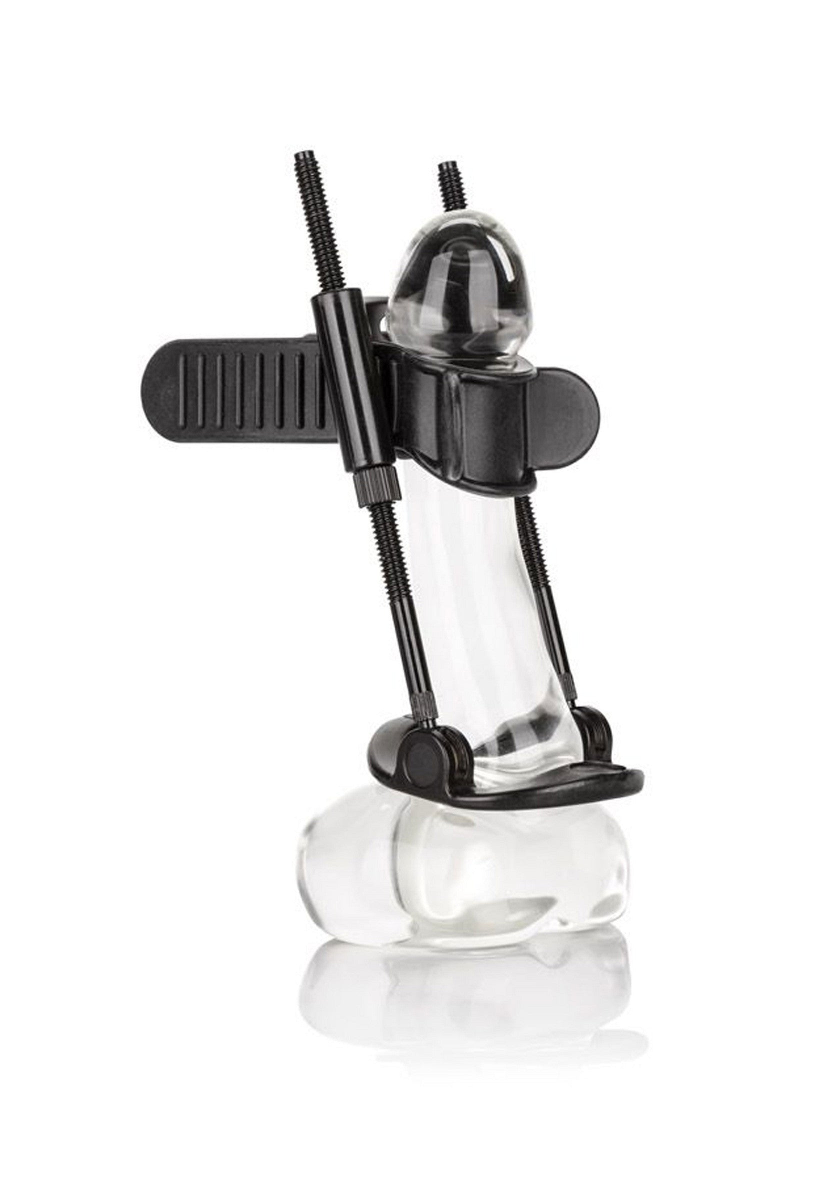 Extenseur pénien transparent avec support noir réglable pour homme.; Transparante penis extender met verstelbare zwarte steun voor mannen.; Clear penis stretcher with adjustable black support for men.
