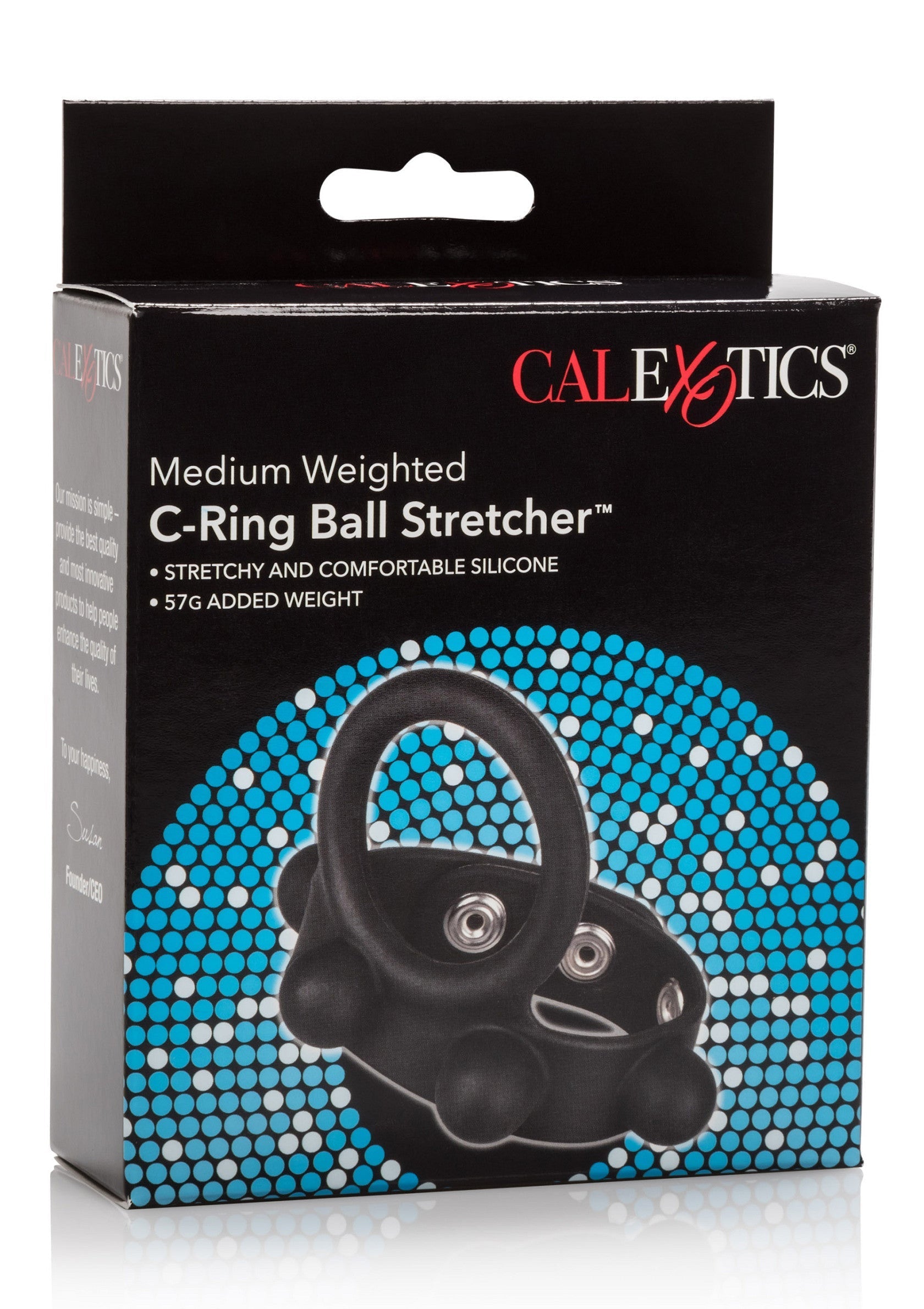 Étireur de testicules lesté C-Ring CalExotics. En silicone extensible et confortable, poids supplémentaire de 57 g.; CalExotics Medium Weighted C-Ring Ball Stretcher. Rekbaar en comfortabel siliconen, 57g extra gewicht.; CalExotics Medium Weighted C-Ring Ball Stretcher. Stretchy & comfortable silicone, 57g added weight.