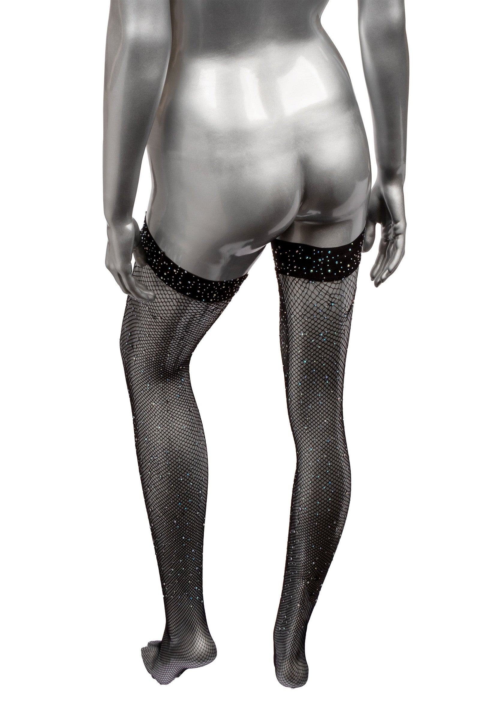 Bas résille noirs scintillants, parfaits pour une soirée élégante ou une occasion spéciale.; Glanzende zwarte netkousen, perfect voor een elegant avondje uit of een speciale gelegenheid.; Sparkly black fishnet stockings, perfect for an elegant evening out or a special occasion.