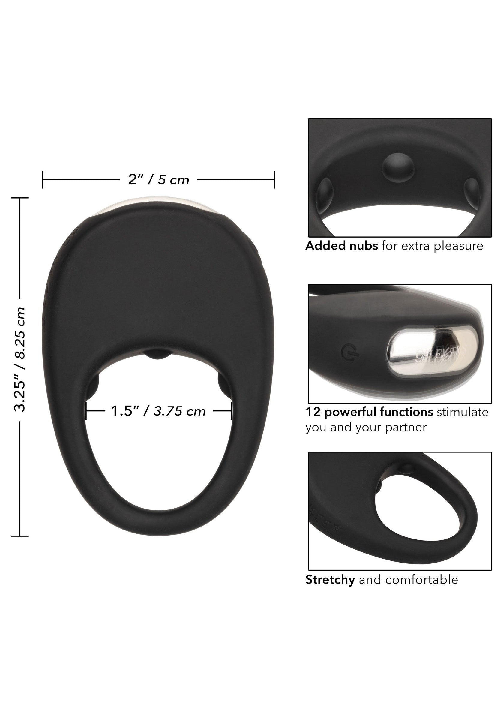 Anneau vibrant noir extensible avec picots pour plus de plaisir et 12 fonctions puissantes.; Zwarte, rekbare vibrerende ring met noppen voor extra plezier en 12 krachtige functies.; Black, stretchy vibrating cock ring with added nubs for extra pleasure and 12 powerful functions.