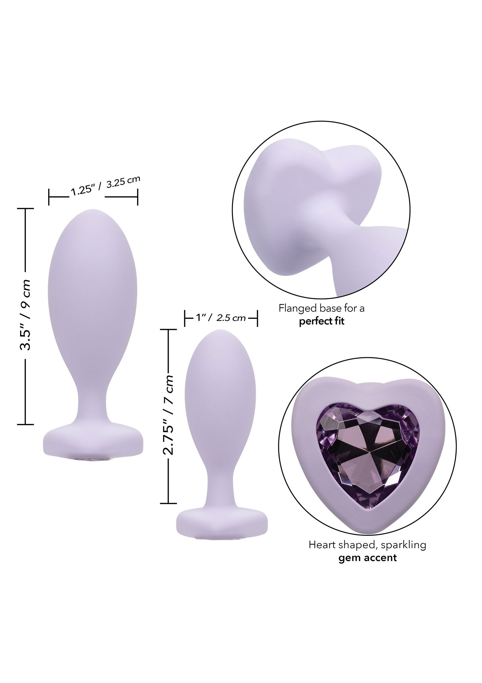 Plug anal lilas avec base évasée et bijou en forme de cœur étincelant pour un ajustement parfait et une touche de glamour.; Lila anale plug met uitlopende basis en sprankelende hartvormige edelsteen voor een perfecte pasvorm en een vleugje glamour.; Lilac anal plug with flared base and sparkling heart-shaped gem accent for a perfect fit and a touch of glamour.
