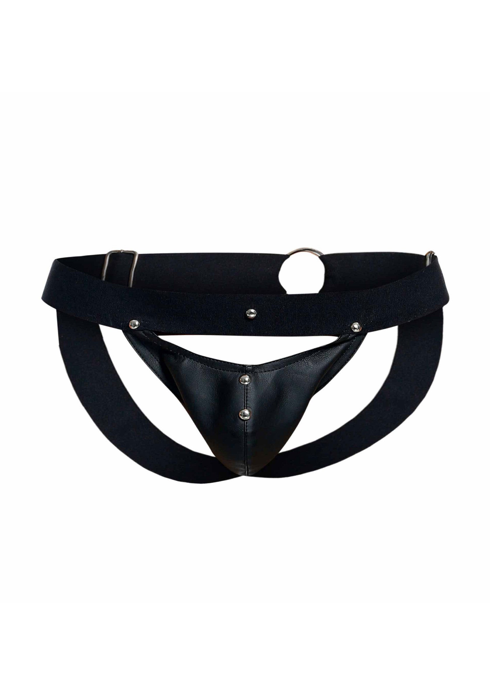 Jockstrap en cuir noir. Accessoire coquin pour homme.; Zwarte leren jockstrap. Uitdagende accessoire voor mannen.; Black leather jockstrap. Racy accessory for men.
