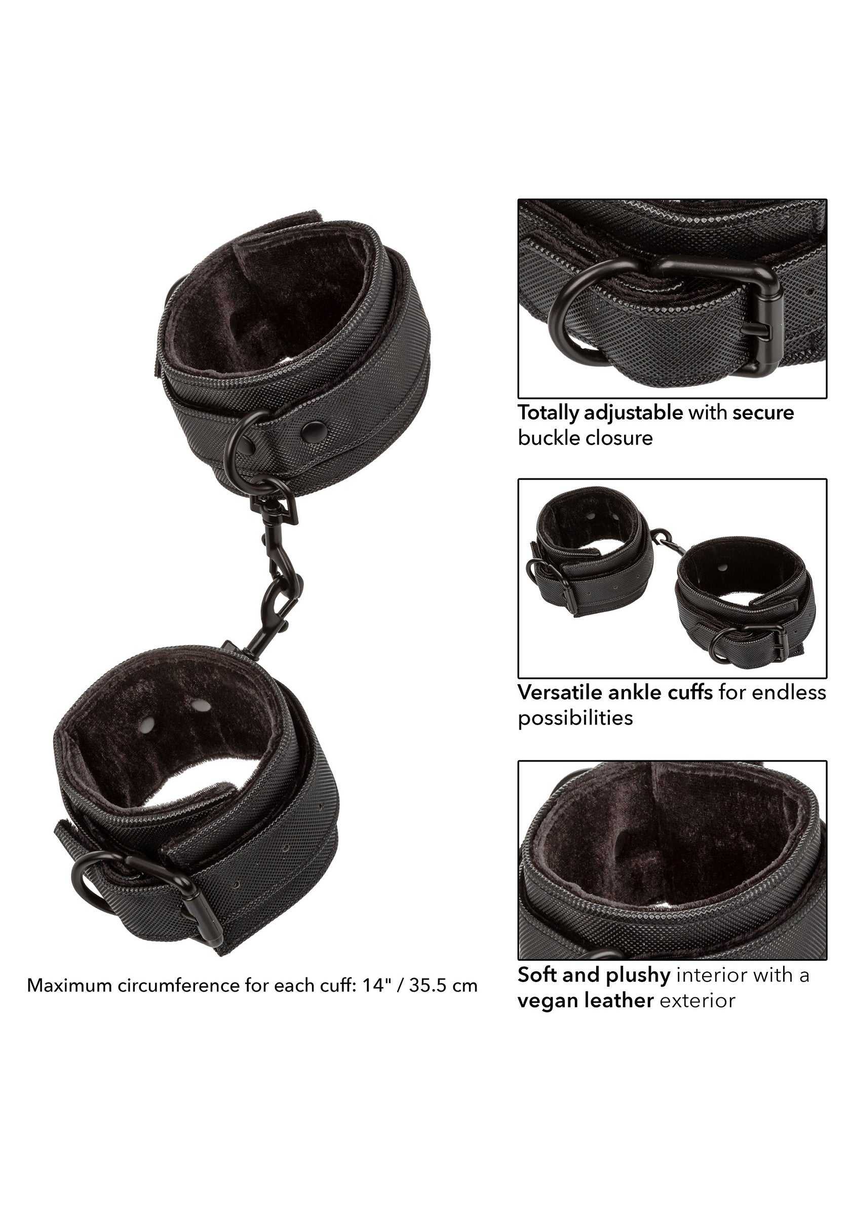 Menottes réglables noires avec intérieur doux en similicuir pour le confort.; Zwarte, verstelbare handboeien met zachte vegan lederen binnenkant voor comfort.; Black adjustable cuffs with soft vegan leather interior for comfort.