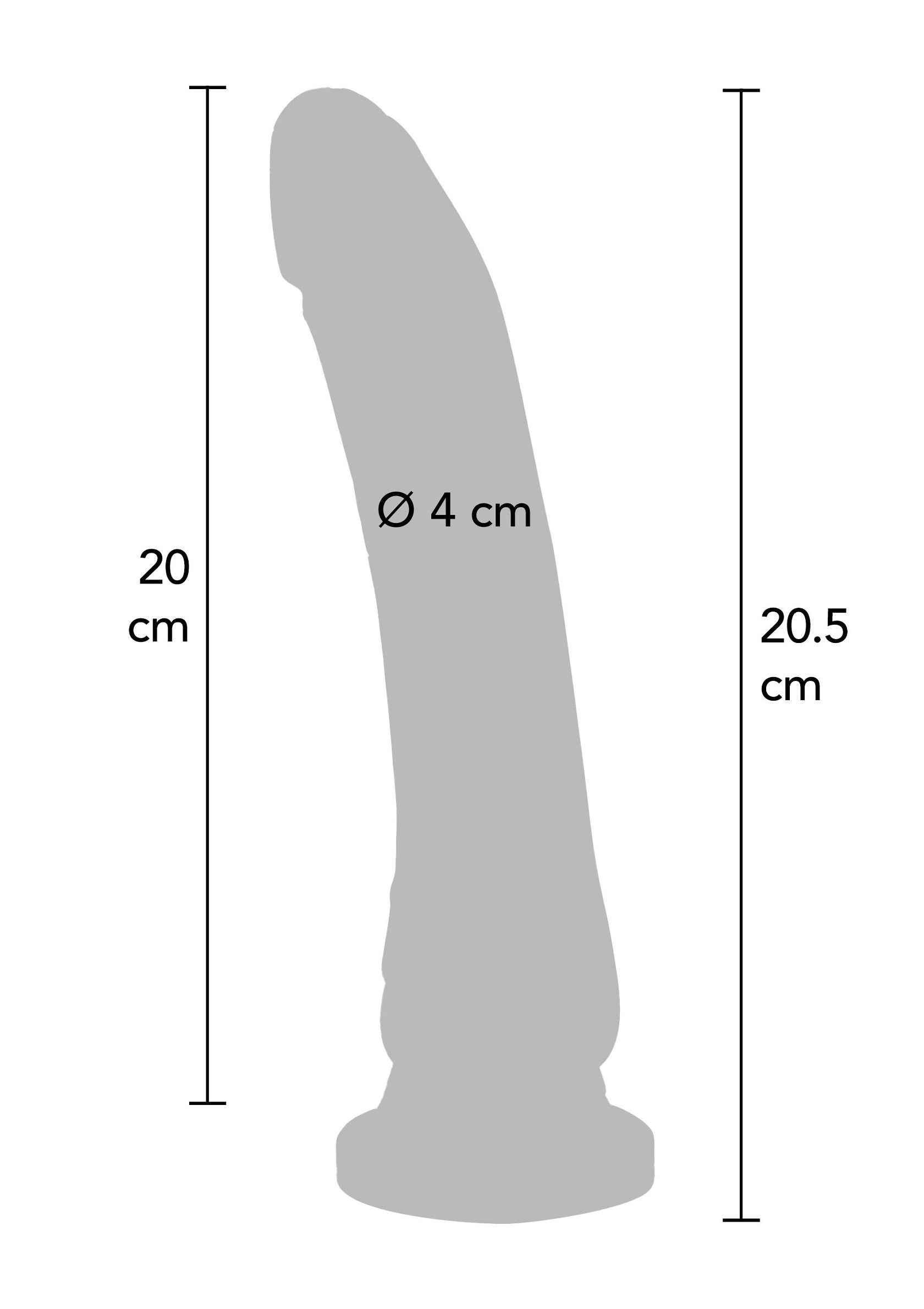 Silhouette d'un gode avec dimensions: longueur 20.5 cm, diamètre 4 cm. Jouet pour adultes, plaisir intime.; Silhouette van een dildo met afmetingen: lengte 20,5 cm, diameter 4 cm. Speeltje voor volwassenen, intiem plezier.; Silhouette of a dildo with dimensions: length 20.5 cm, diameter 4 cm. Adult toy, intimate pleasure.