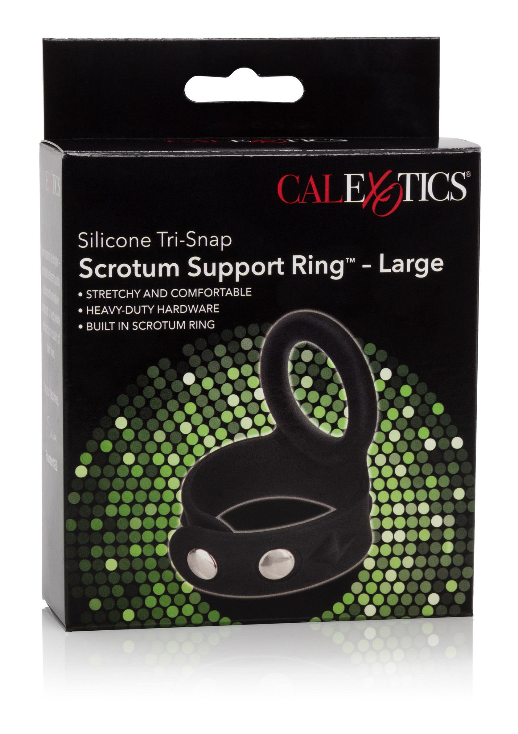 Anneau de soutien scrotal CalExotics Silicone Tri-Snap™ grand format. Confortable, extensible et durable.; CalExotics Silicone Tri-Snap™ scrotum steunring groot. Comfortabel, rekbaar en duurzaam.; CalExotics Silicone Tri-Snap™ Scrotum Support Ring large. Comfortable, stretchy, and durable support.
