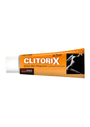 Crème intime Clitorix Active pour femme. Soin actif et plaisir garanti.  Tube orange et blanc.; Clitorix Active intieme crème voor vrouwen. Actieve verzorging en gegarandeerd plezier. Oranje en witte tube.; Clitorix Active intimate cream for women. Active care and guaranteed pleasure. Orange and white tube.