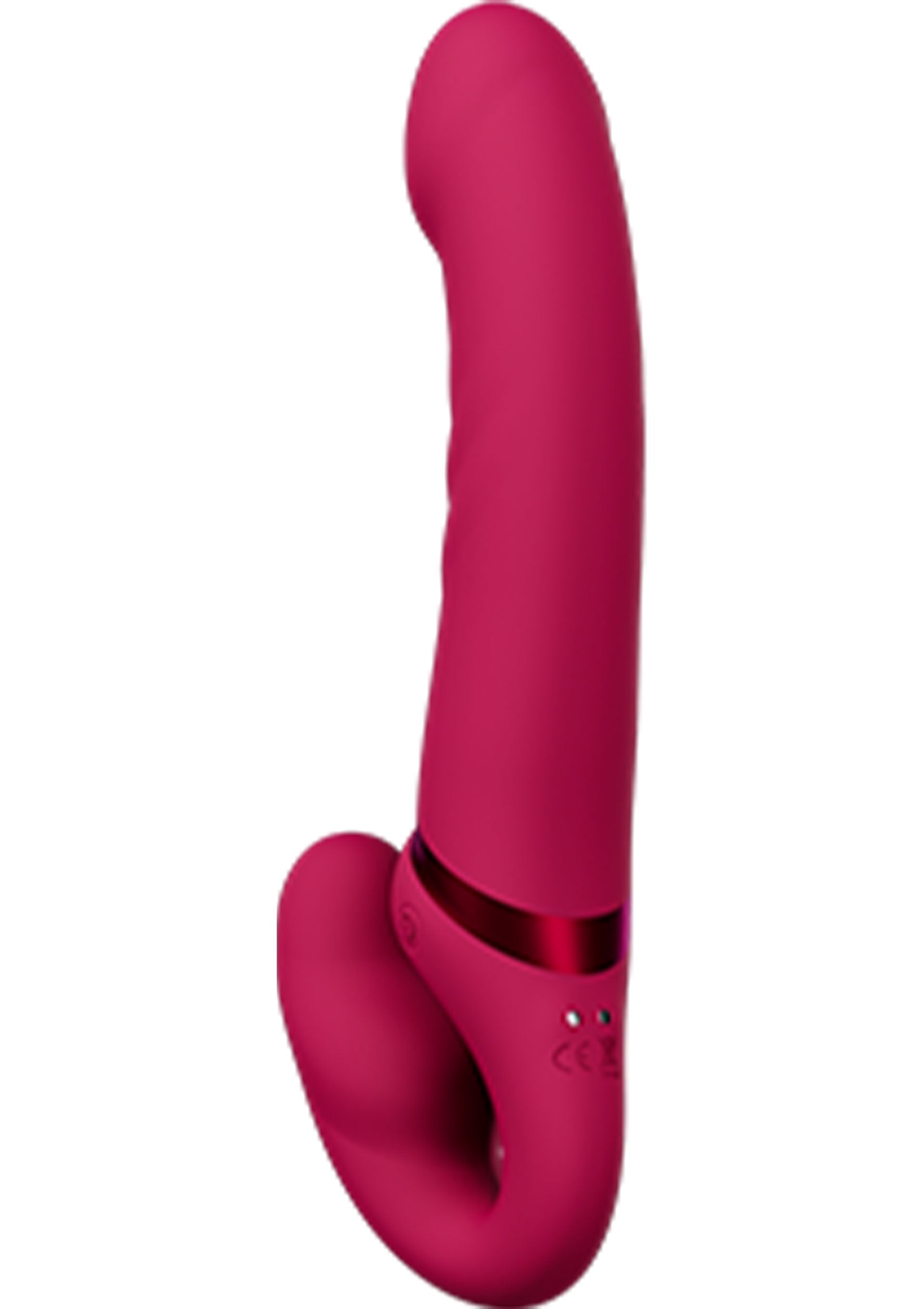 Vibromasseur incurvé rose framboise pour le plaisir féminin.; Framboosroze gebogen vibrator voor vrouwelijk genot.; Raspberry pink curved vibrator for female pleasure.