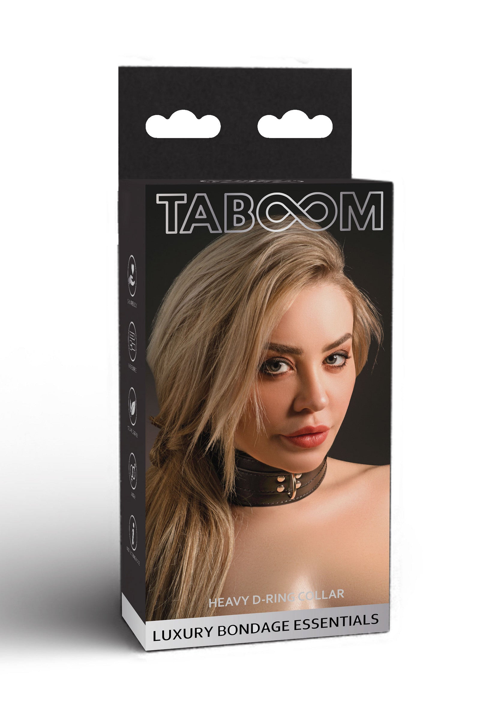 Collier D-Ring lourd Taboom. Accessoires de bondage de luxe. Colliers et manchettes de haute qualité pour adultes.; Taboom Heavy D-Ring halsband. Luxe bondage accessoires. Hoogwaardige halsbanden en manchetten voor volwassenen.; Taboom Heavy D-Ring Collar. Luxury bondage essentials. High quality adult collars and cuffs.