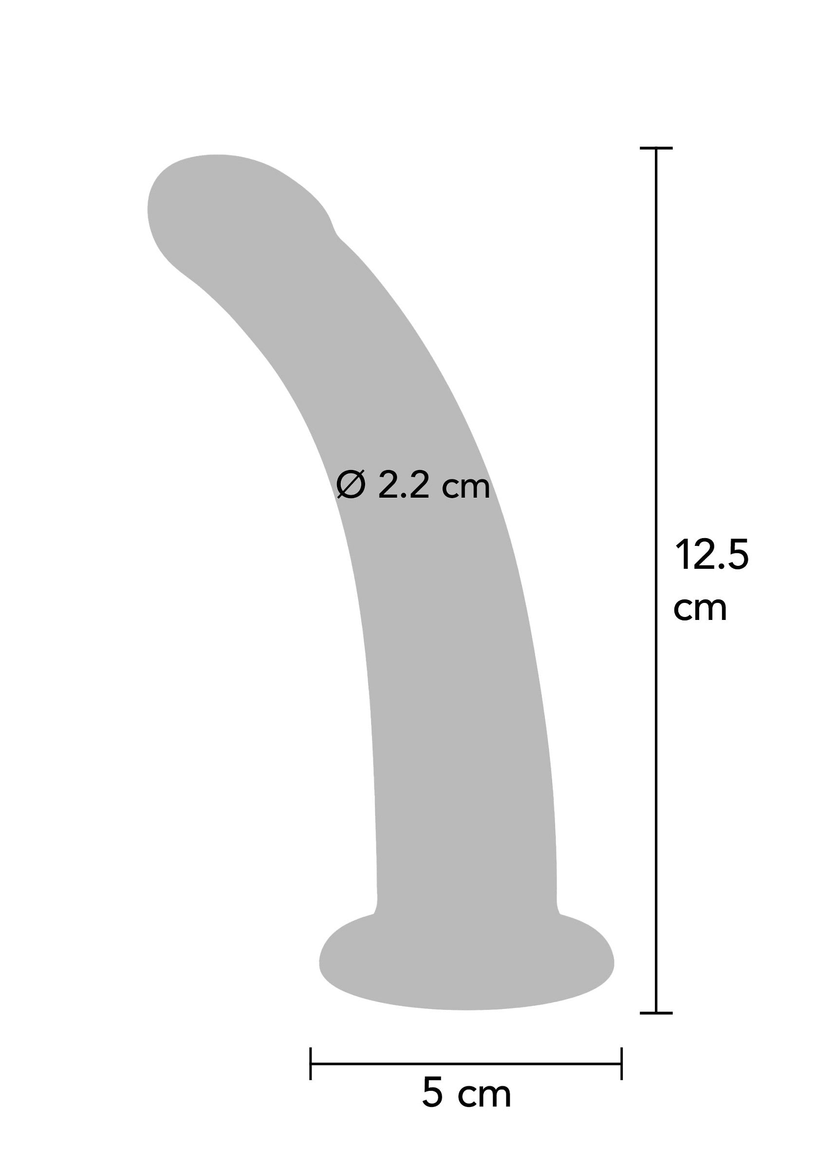 Détails et dimensions d'un gode incurvé : diamètre de 2,2 cm, hauteur de 12,5 cm et base de 5 cm. Parfait pour l'exploration.; Details en afmetingen van een gebogen dildo: 2,2 cm diameter, 12,5 cm hoogte en 5 cm basis. Perfect voor verkenning.; Curved dildo details and dimensions: 2.2 cm diameter, 12.5 cm height and 5 cm base. Perfect for exploration.