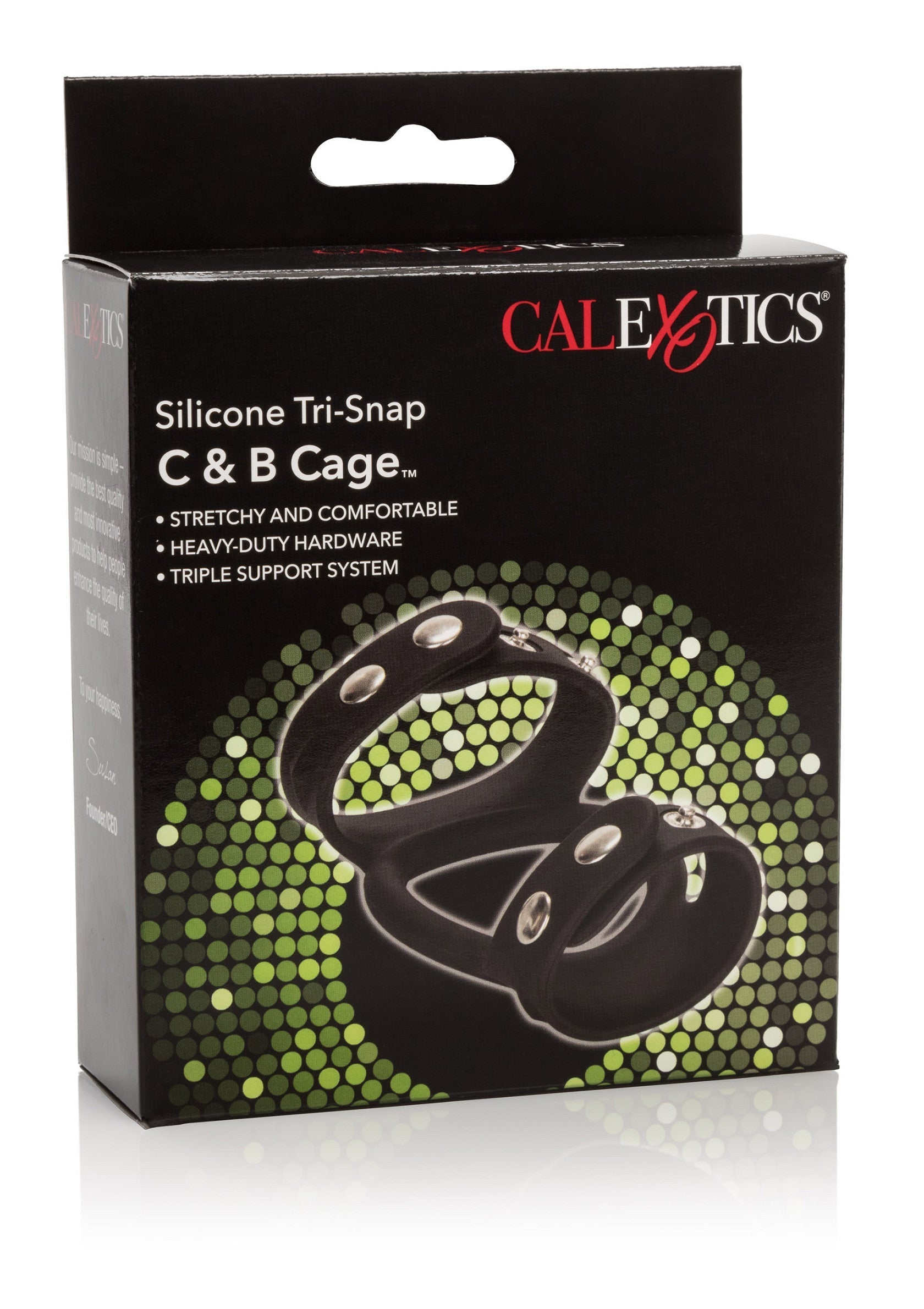 CalExotics Silicone Tri-Snap C&B Cage pour un maintien confortable et robuste.; CalExotics Silicone Tri-Snap C&B Cage voor comfortabele en stevige ondersteuning.; CalExotics Silicone Tri-Snap C&B Cage for comfortable and heavy-duty support.