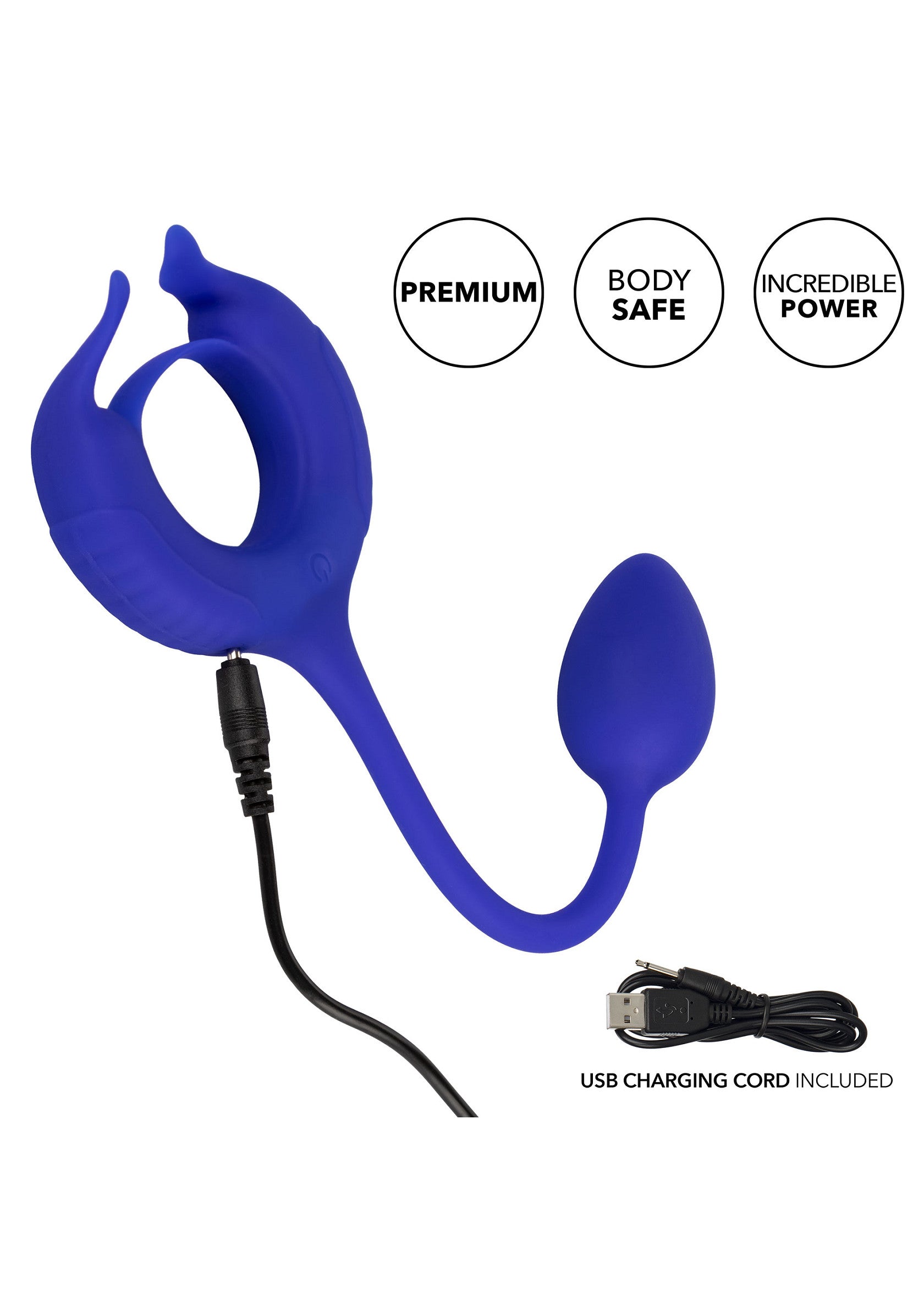 Vibromasseur bleu vibrant avec anneau pénien intégré et cordon de chargement USB inclus. Premium et sûr pour le corps.; Blauwe vibrerende vibrator met ingebouwde penisring en USB-oplaadkabel inbegrepen. Premium en veilig voor het lichaam.; Blue vibrating vibrator with built-in penis ring and included USB charging cord. Premium and body safe.
