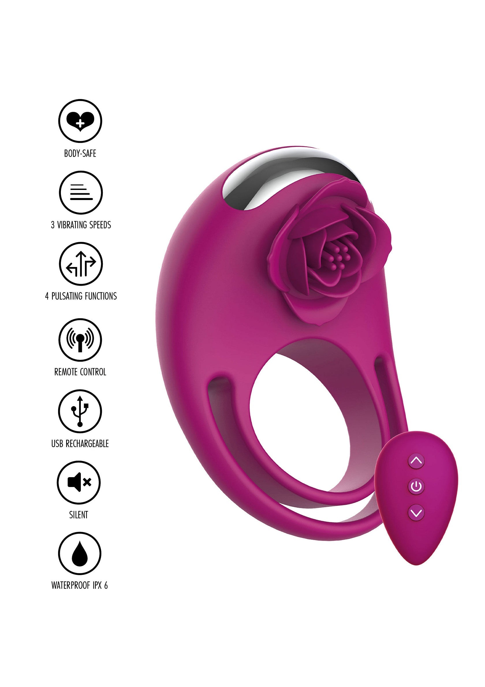 Vibromasseur clitoridien rechargeable USB avec télécommande et motif de fleur. Étanche et silencieux. Sûr pour le corps.; Oplaadbare clitoris vibrator met USB, afstandsbediening en bloemmotief. Waterdicht en geruisloos. Lichaamsveilig.; Rechargeable USB clitoral vibrator with remote control and flower design. Waterproof and silent. Body-safe.