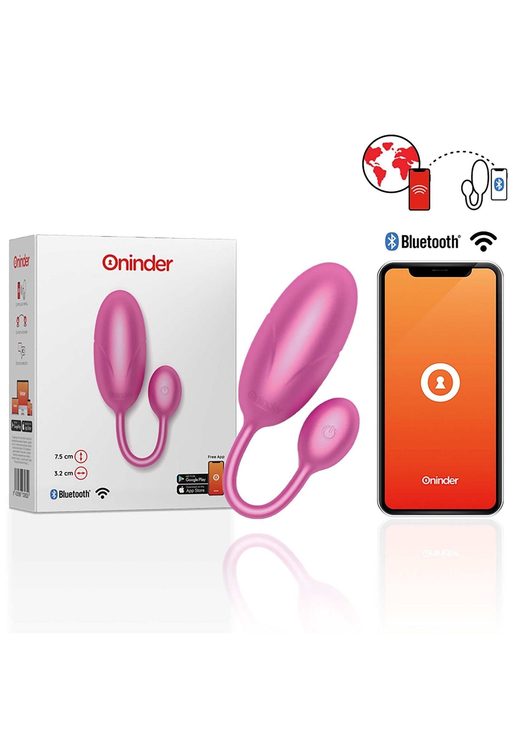 Oeufs vibrants connectés Oninder, contrôle via smartphone. Plaisir à distance.; Oninder verbonden vibrerende eieren, bediening via smartphone. Plezier op afstand.; Oninder connected vibrating eggs, smartphone controlled. Remote pleasure.