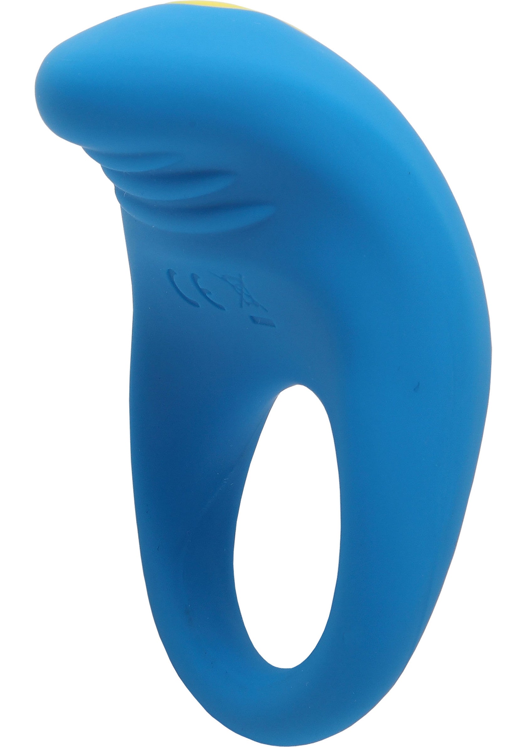 Anneau vibrant bleu avec bouton jaune pour des sensations intenses. Plaisir garanti !; Blauwe vibrerende ring met gele knop voor intense sensaties. Gegarandeerd plezier!; Blue vibrating ring with yellow button for intense sensations. Pleasure guaranteed!