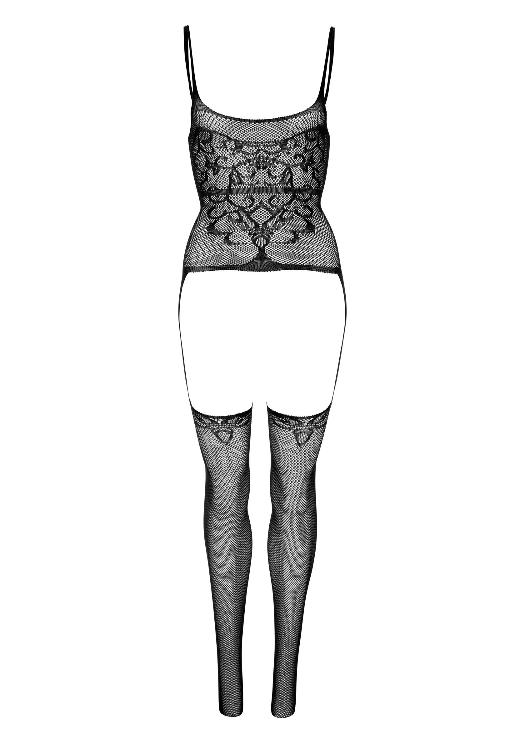 Nuisette noire en résille avec jarretelles et bas. Lingerie sexy et élégante pour une nuit romantique.; Zwarte visnet babydoll met jarretels en kousen. Sexy en elegante lingerie voor een romantische nacht.; Black fishnet babydoll with garter straps and stockings. Sexy and elegant lingerie for a romantic night.