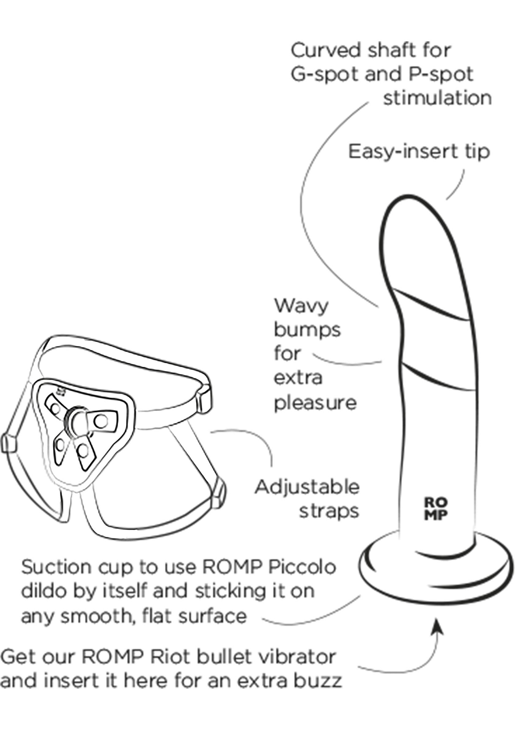 ROMP Piccolo, gode avec ventouse & harnais. Stimulation G-spot/P-spot, texture ondulée. Compatible vibromasseur pour plus de plaisir !; ROMP Piccolo dildo met zuignap & harnas. G-spot/P-spot stimulatie, golvende textuur. Compatibel met vibrator voor extra genot!; ROMP Piccolo dildo with suction cup & harness. G-spot/P-spot stimulation, wavy texture. Vibrator compatible for extra buzz!