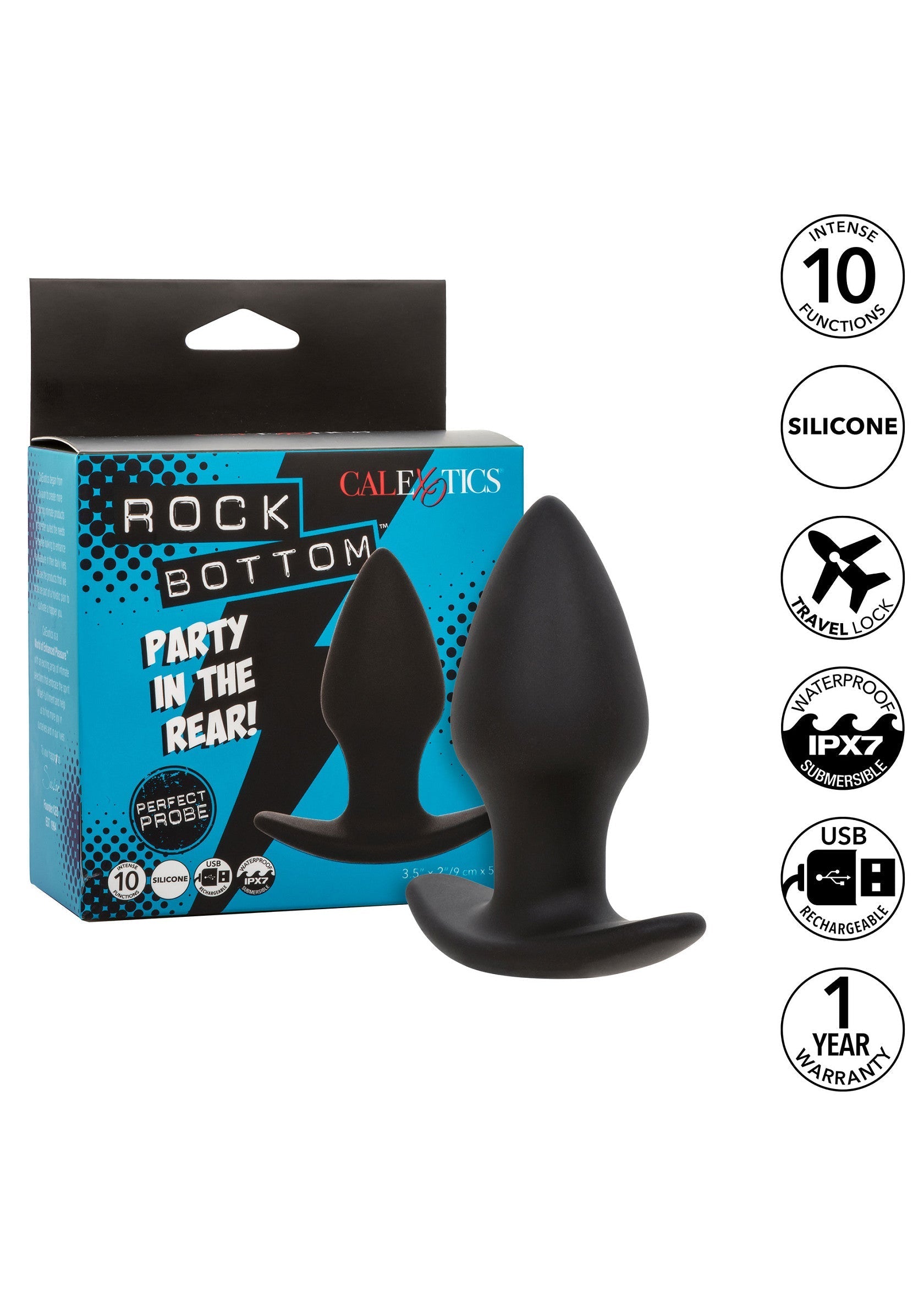 Plug anal CalExotics Rock Bottom en silicone noir, rechargeable USB, étanche et vibrant avec 10 fonctions.; CalExotics Rock Bottom buttplug van zwarte siliconen, USB-oplaadbaar, waterdicht en vibrerend met 10 functies.; CalExotics Rock Bottom black silicone butt plug, USB rechargeable, waterproof, vibrating with 10 functions.