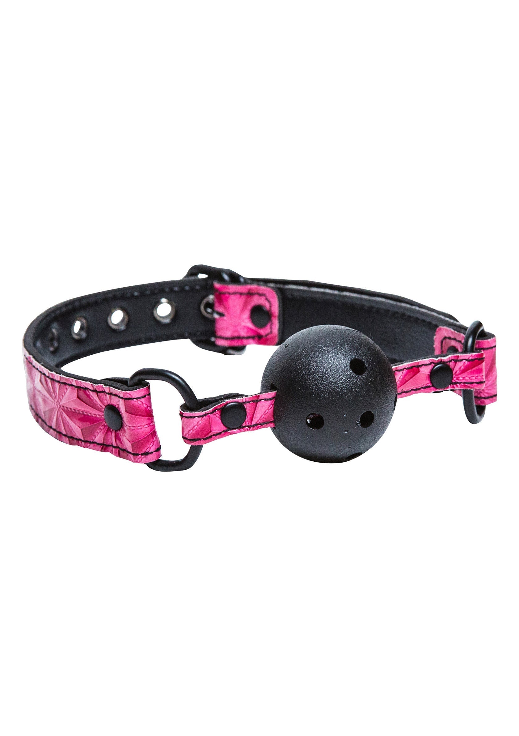 Bâillon boule rose et noir pour jeux coquins, ajustable. Accessoire fétichiste pour pimenter vos moments intimes.; Roze en zwarte balgag voor ondeugende spelletjes, verstelbaar. Fetisj accessoire om je intieme momenten op te fleuren.; Pink and black ball gag for kinky play, adjustable. Fetish accessory to spice up your intimate moments.