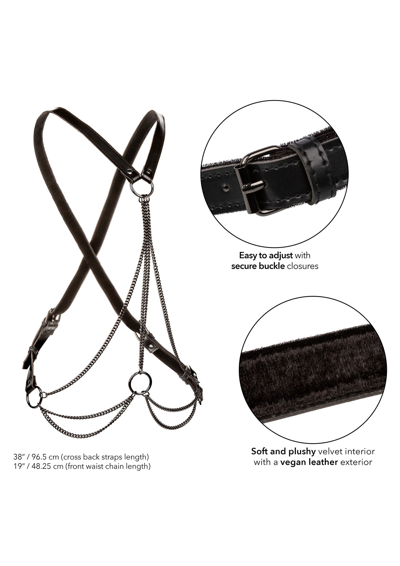 Harnais de corps en velours vegan avec chaînes. Doux, ajustable et élégant. Parfait pour sublimer votre tenue!; Vegan velvet body harnas met kettingen. Zacht, verstelbaar en elegant. Perfect om je outfit te verfraaien!; Vegan velvet body harness with chains. Soft, adjustable, and stylish. Perfect to elevate your outfit!