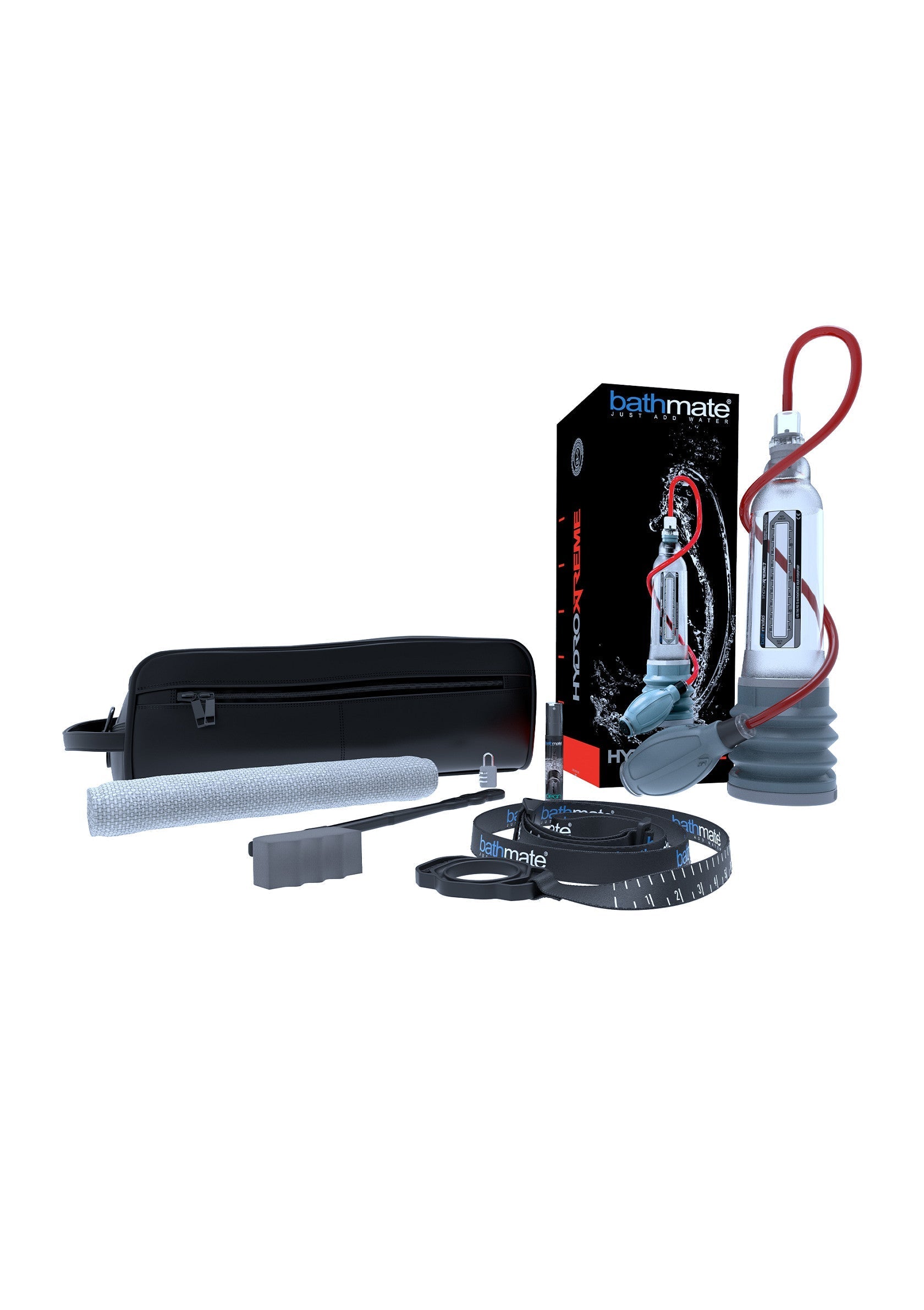 Kit Bathmate Hydromax. Pompe à pénis hydraulique pour un développement maximal. Livré avec accessoires et sac de rangement.; Bathmate Hydromax set. Hydraulische penis pomp voor maximale groei. Inclusief accessoires en opbergtas.; Bathmate Hydromax set. Hydraulic penis pump for max growth. Includes accessories and storage bag. Shop now!
