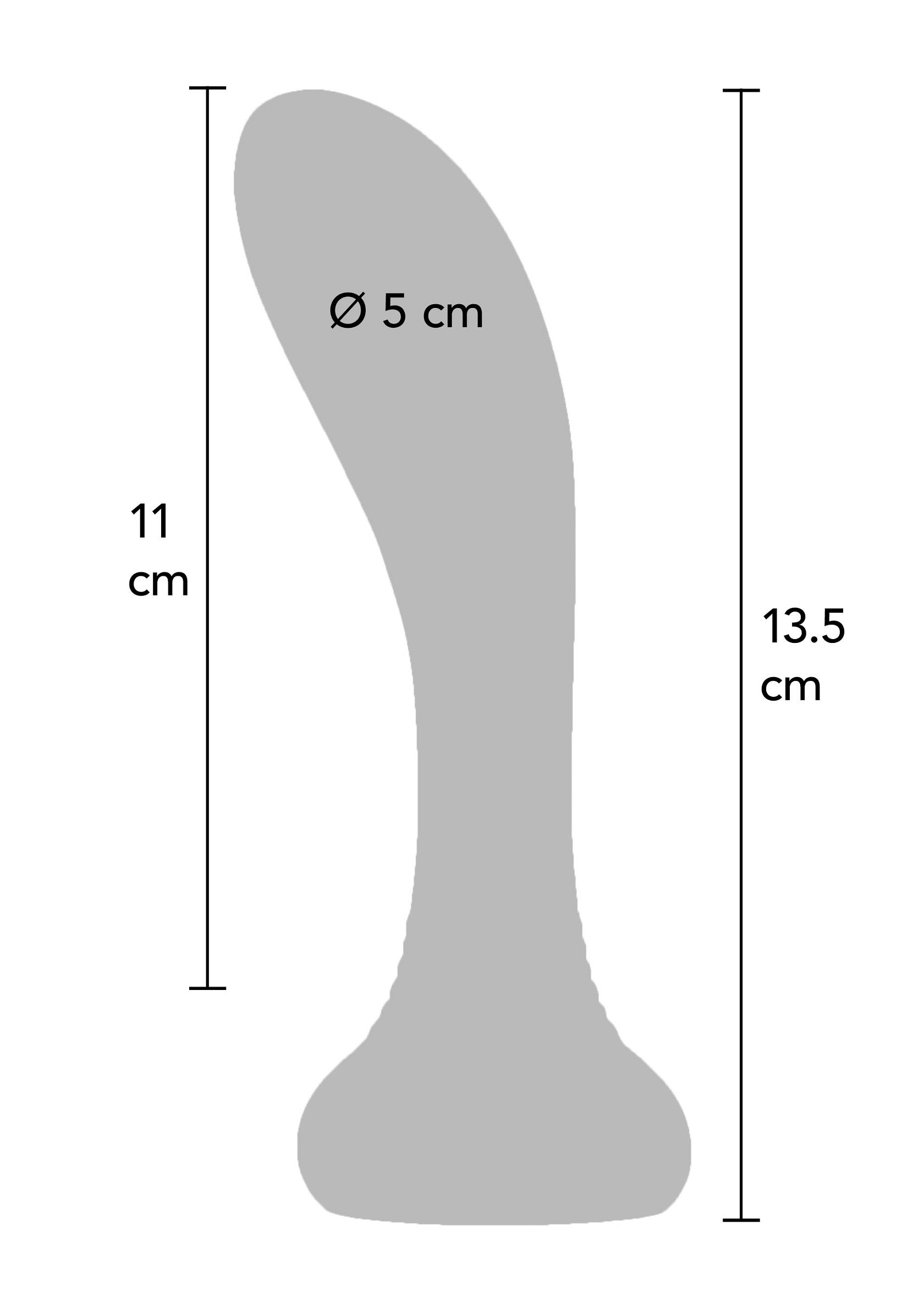 Schéma d'un sextoy courbé avec dimensions indiquées pour information précise.; Diagram van een gebogen seksspeeltje met maatvoering voor exacte informatie.; Diagram of a curved sex toy with dimensions shown for exact information.