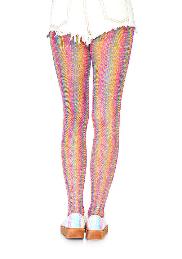 Collants résille arc-en-ciel scintillants. Un accessoire de mode unique pour un look festif et audacieux.; Glitterende regenboog visnet panty. Een uniek modeaccessoire voor een feestelijke en gedurfde look.; Sparkling rainbow fishnet tights. A unique fashion accessory for a festive and bold look.