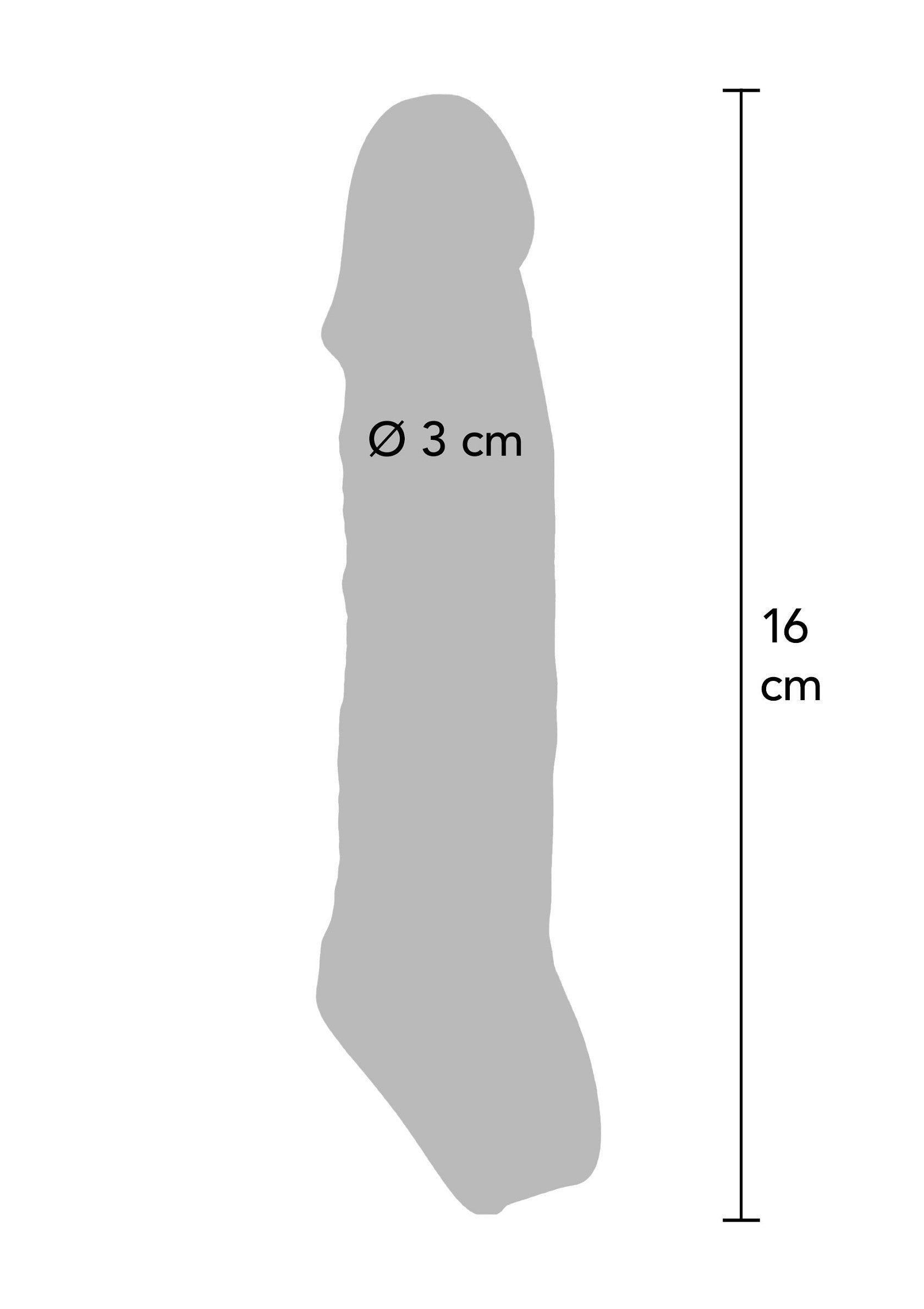 Dessin technique d'un gode, avec des dimensions de 16 cm de long et 3 cm de diamètre.; Technische tekening van een dildo, met afmetingen van 16 cm lang en 3 cm in diameter.; Technical drawing of a dildo, with dimensions of 16 cm long and 3 cm in diameter.