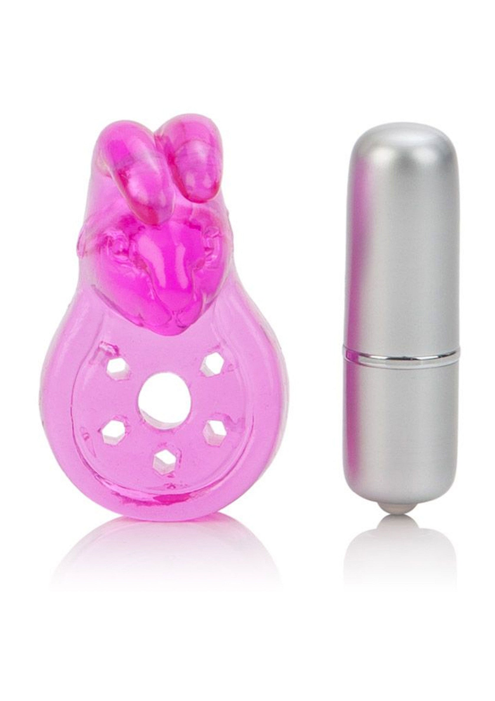Vibromasseur rose et argent pour une expérience intime intense.; Roze en zilveren vibrator voor een intense intieme ervaring.; Pink and silver vibrator for an intense intimate experience.