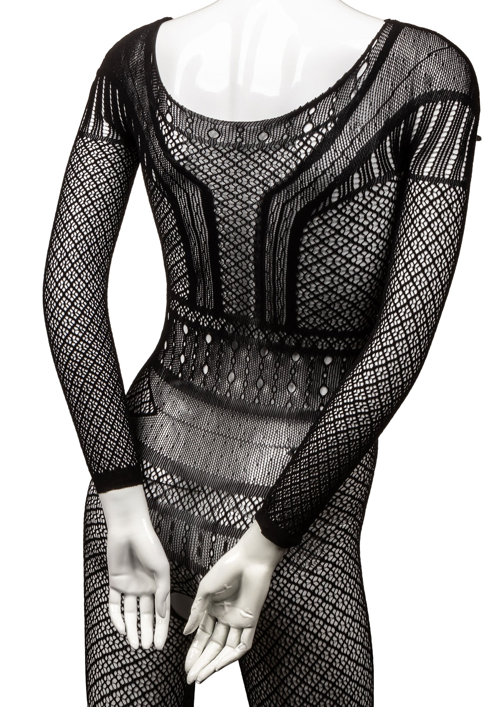 Body résille noir sexy à manches longues pour une allure audacieuse et élégante.; Zwarte, sexy visnetbody met lange mouwen voor een gedurfde en elegante look.; Black sexy fishnet bodysuit with long sleeves for a bold and elegant look.