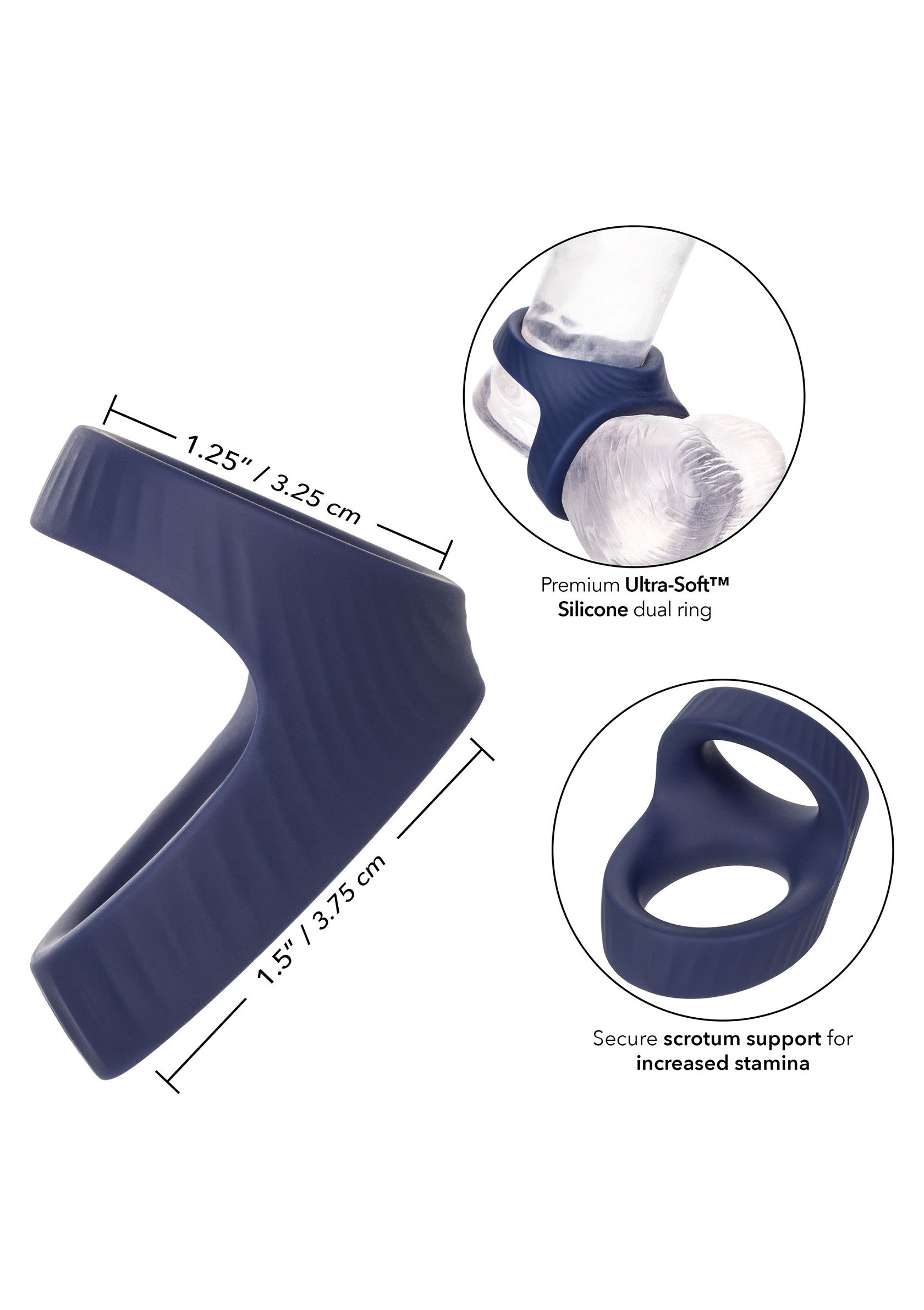 Anneau pénien double en silicone bleu marine pour plus d'endurance et de plaisir. Ultra doux et confortable.; Marineblauwe siliconen dubbele penisring voor meer uithoudingsvermogen en plezier. Ultra zacht en comfortabel.; Navy blue silicone dual cock ring for enhanced stamina and pleasure. Ultra soft and comfortable.