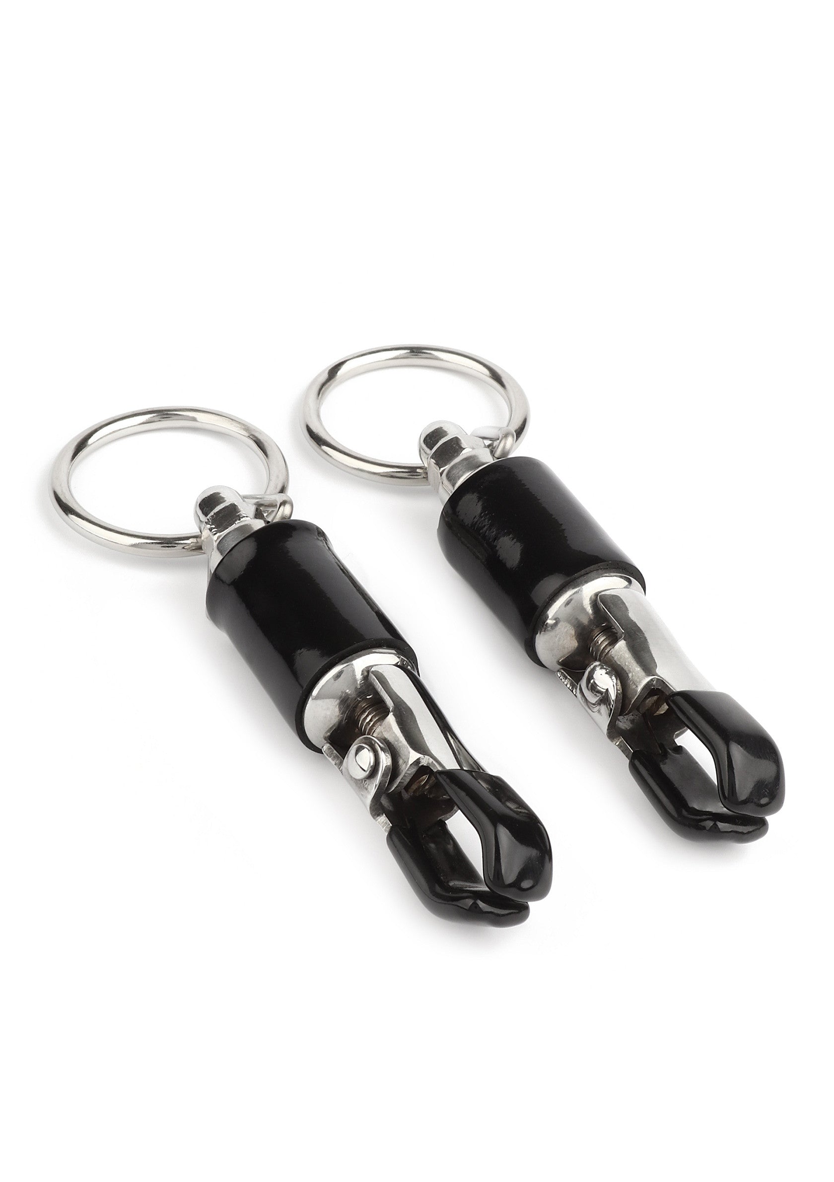 Pinces à tétons en métal et silicone noir pour des sensations intenses garanties. ; Metalen tepelklemmen met zwart siliconen voor gegarandeerd intense sensaties. ; Metal nipple clamps with black silicone for guaranteed intense sensations.